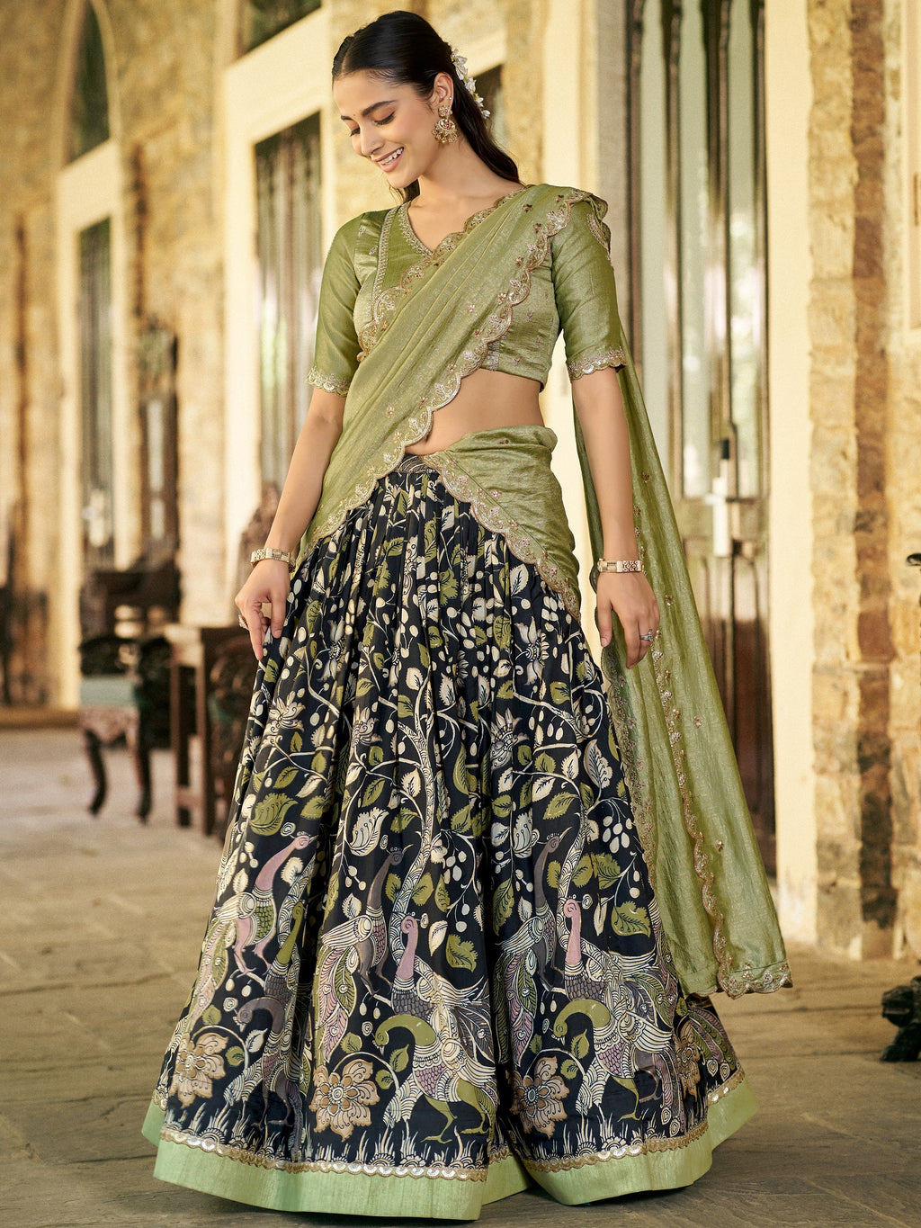 Glamorous Black Kalamkari Print Silk Festive Wear Half Saree Lehenga