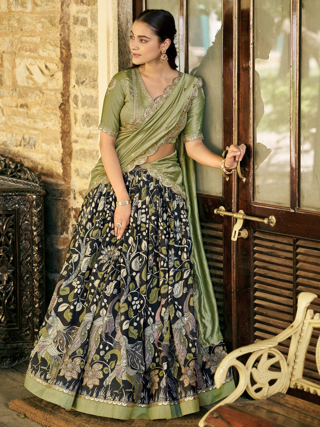 Glamorous Black Kalamkari Print Silk Festive Wear Half Saree Lehenga