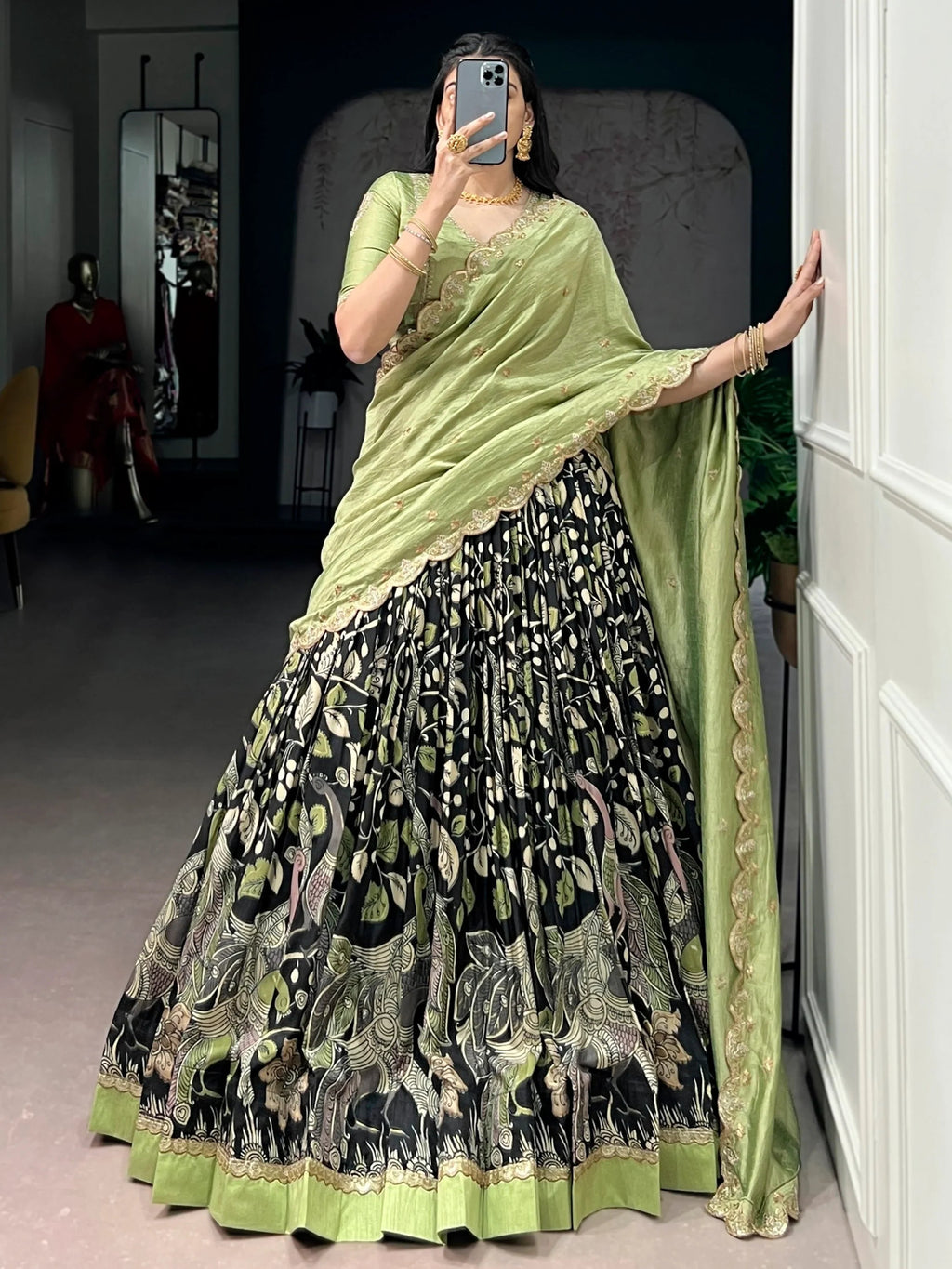 Black Alluring Kalamkari Printed Silk Festive Wear Half Saree Lehenga