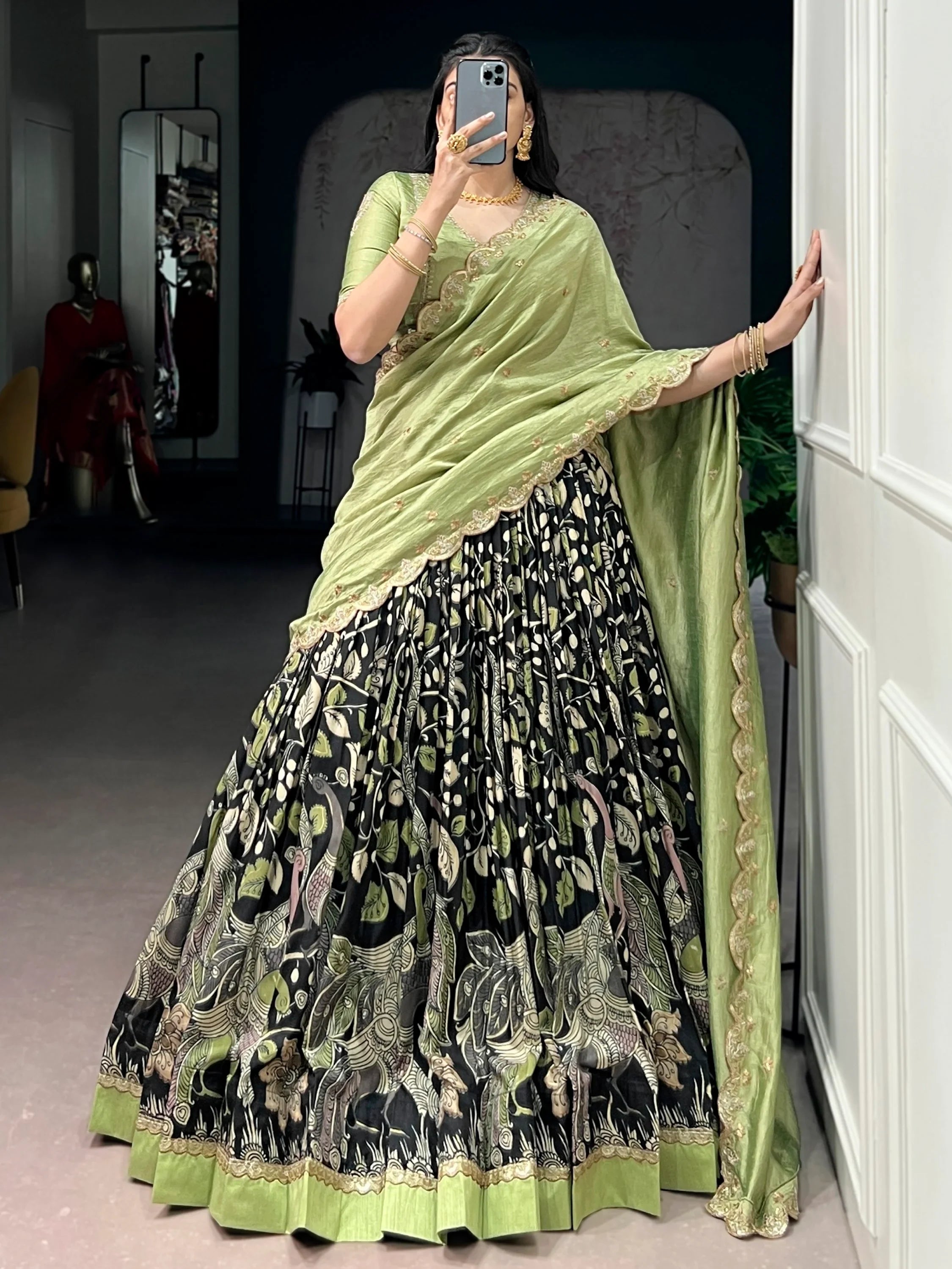 Black Alluring Kalamkari Printed Silk Festive Wear Half Saree Lehenga