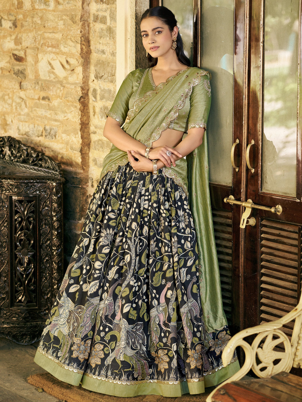 Glamorous Black Kalamkari Print Silk Festive Wear Half Saree Lehenga