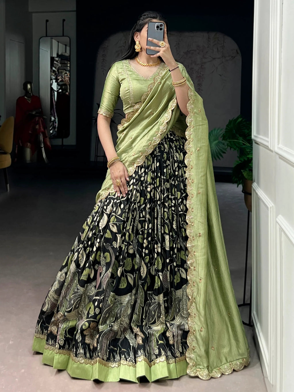 Black Alluring Kalamkari Printed Silk Festive Wear Half Saree Lehenga