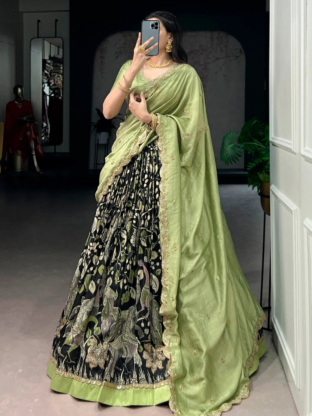 Black Alluring Kalamkari Printed Silk Festive Wear Half Saree Lehenga