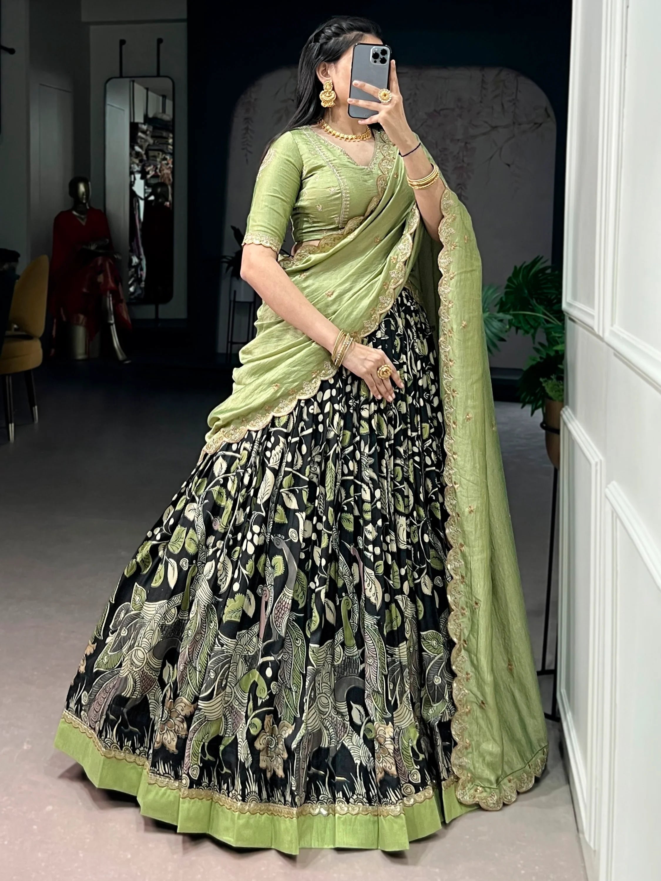 Black Alluring Kalamkari Printed Silk Festive Wear Half Saree Lehenga