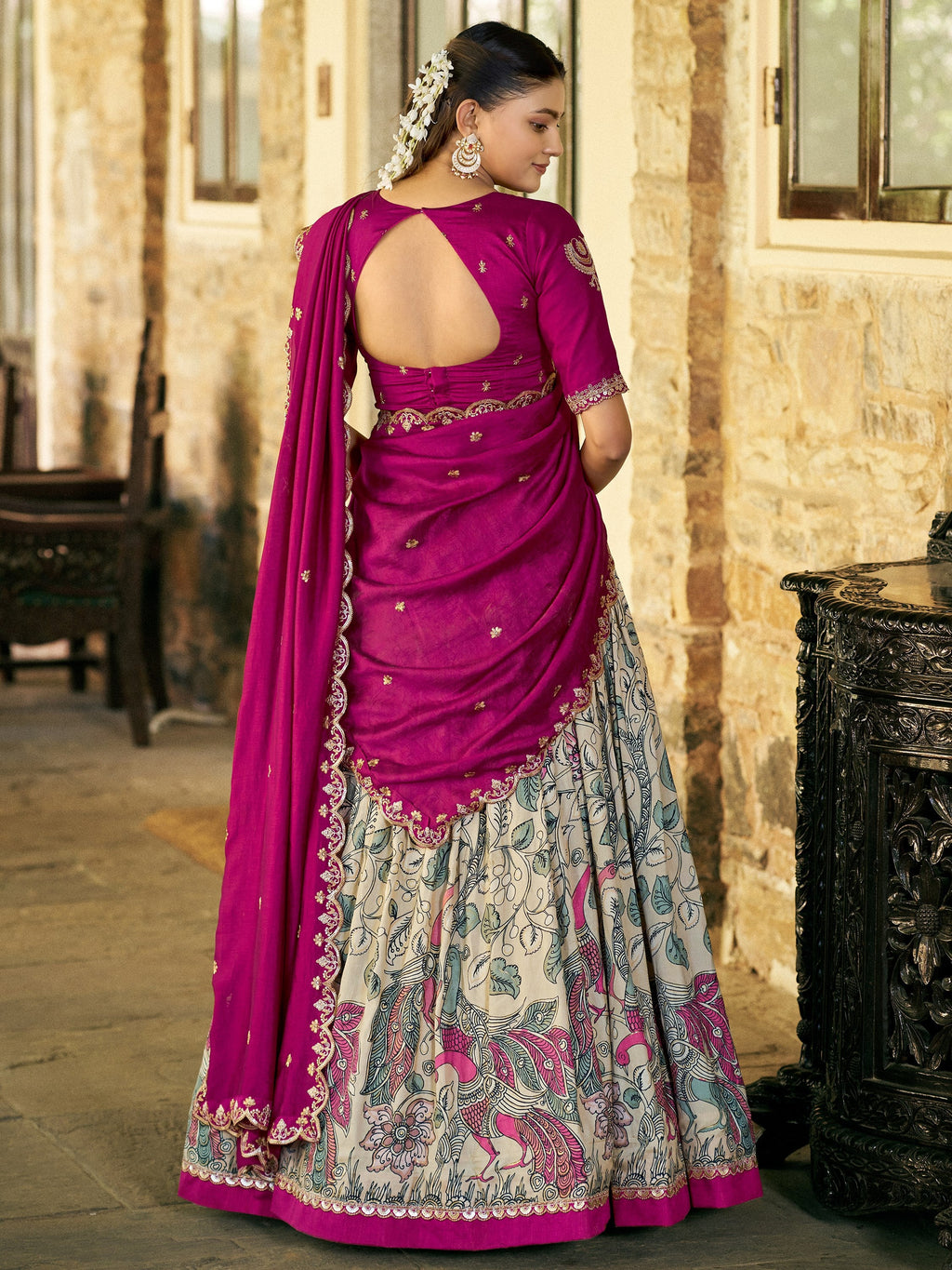 Fantastic Cream Kalamkari Print Silk Event Wear Half Saree Lehenga