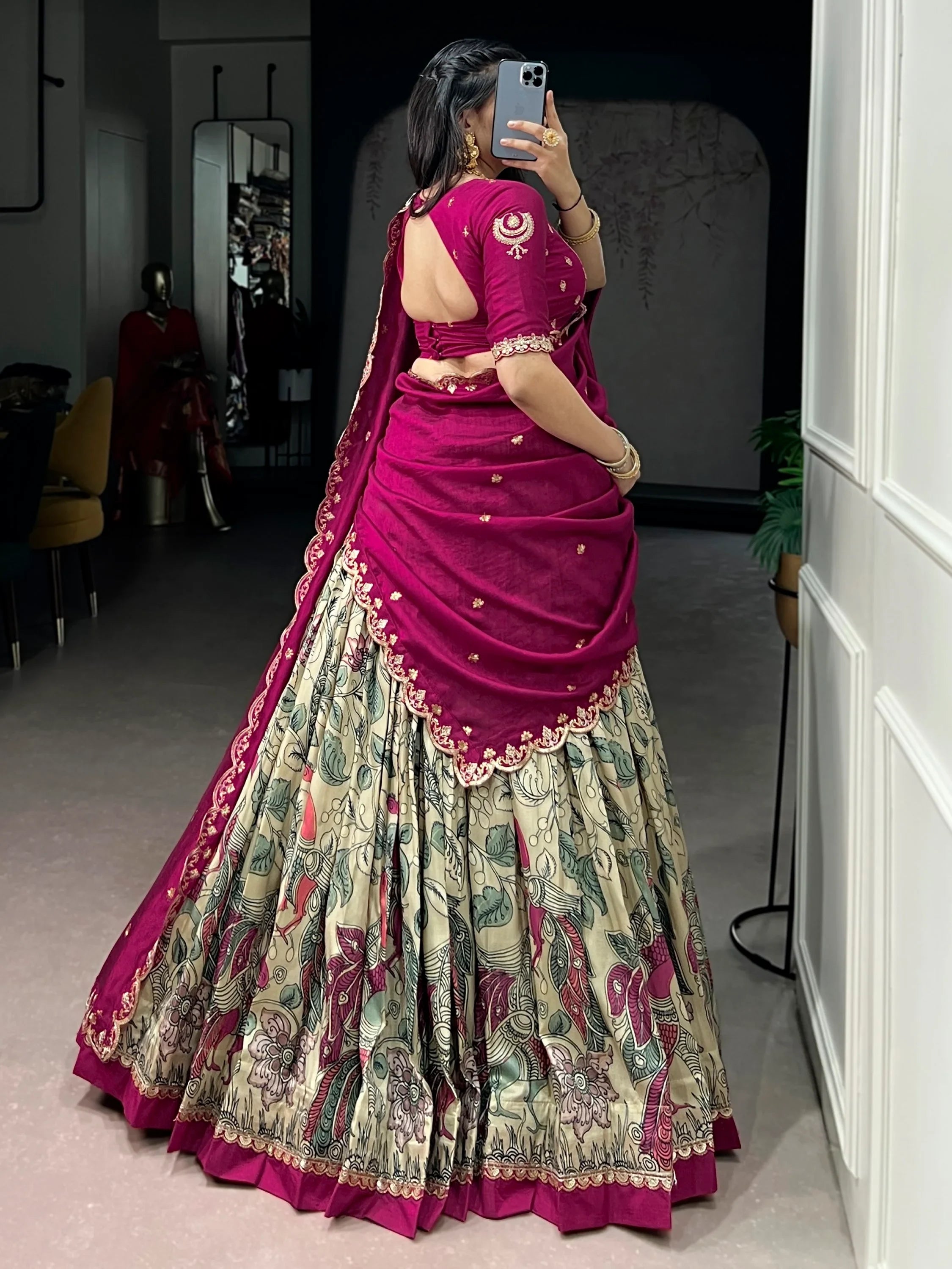 Cream Alluring Kalamkari Printed Silk Festive Wear Half Saree Lehenga