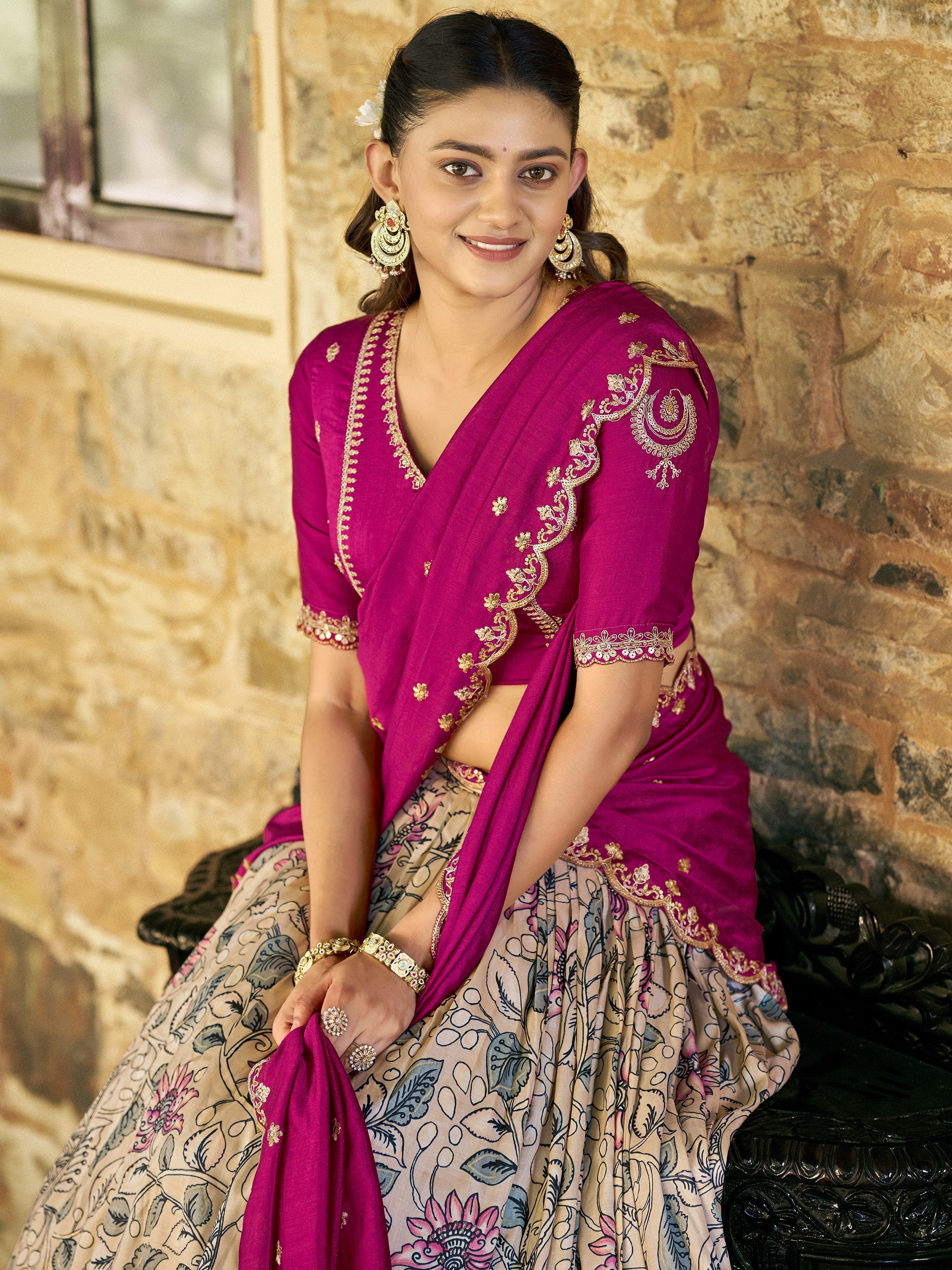 Fantastic Cream Kalamkari Print Silk Event Wear Half Saree Lehenga