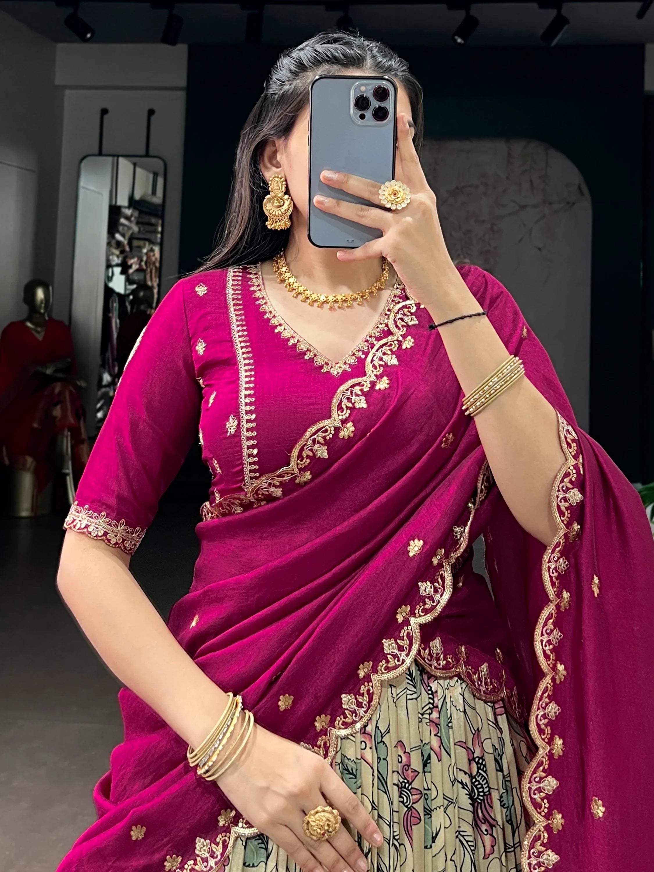 Cream Alluring Kalamkari Printed Silk Festive Wear Half Saree Lehenga