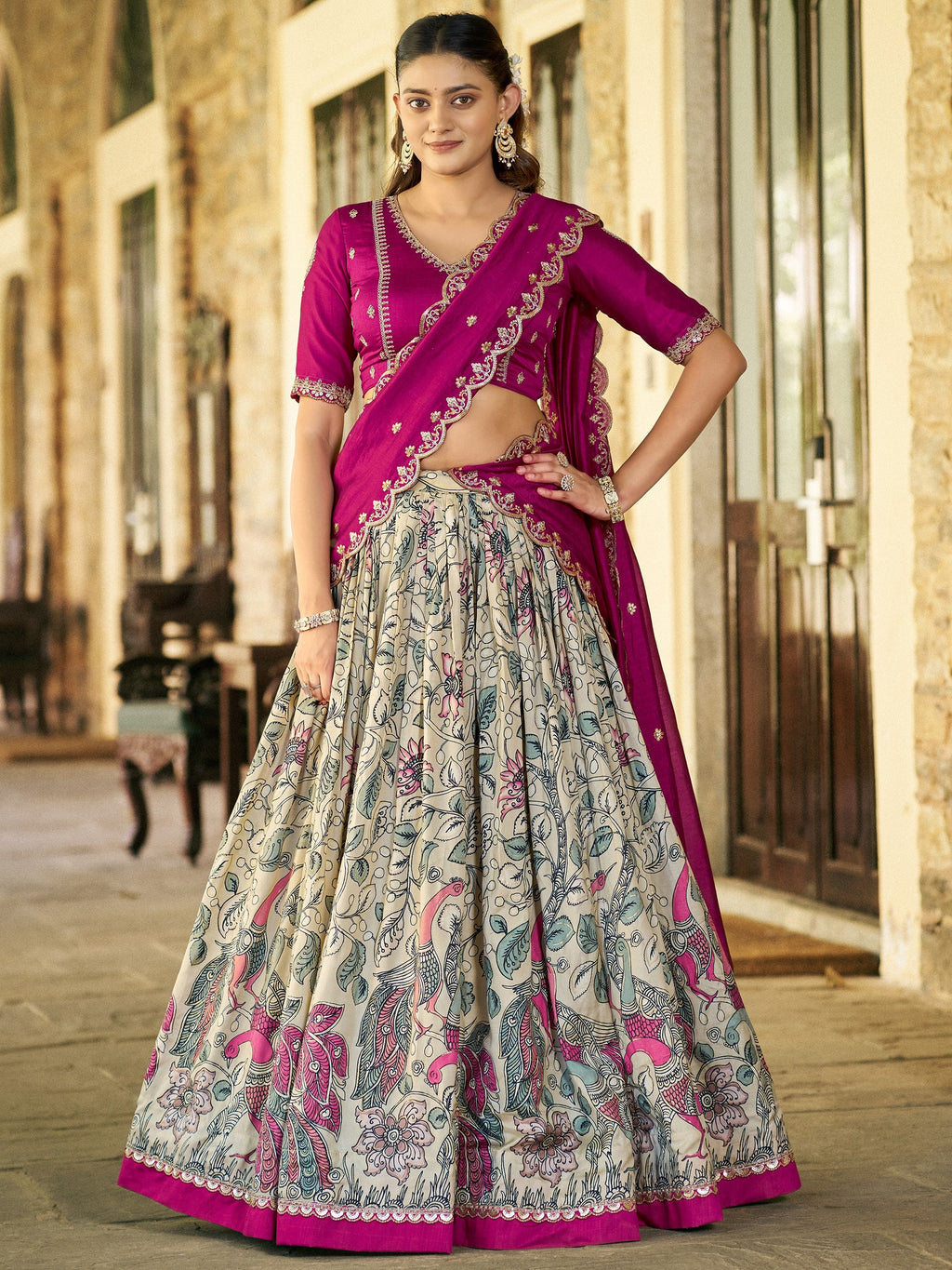 Fantastic Cream Kalamkari Print Silk Event Wear Half Saree Lehenga