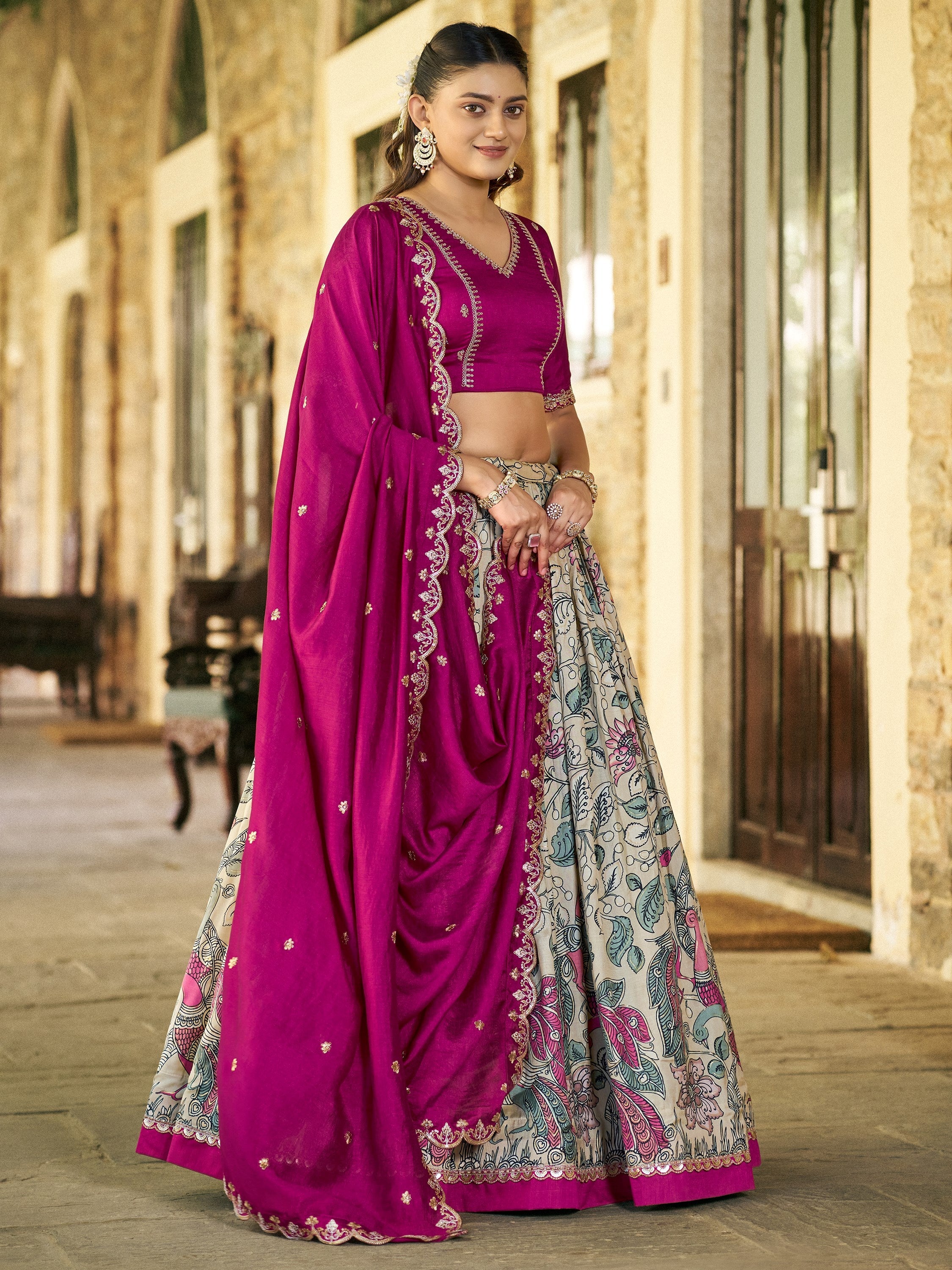 Fantastic Cream Kalamkari Print Silk Event Wear Half Saree Lehenga