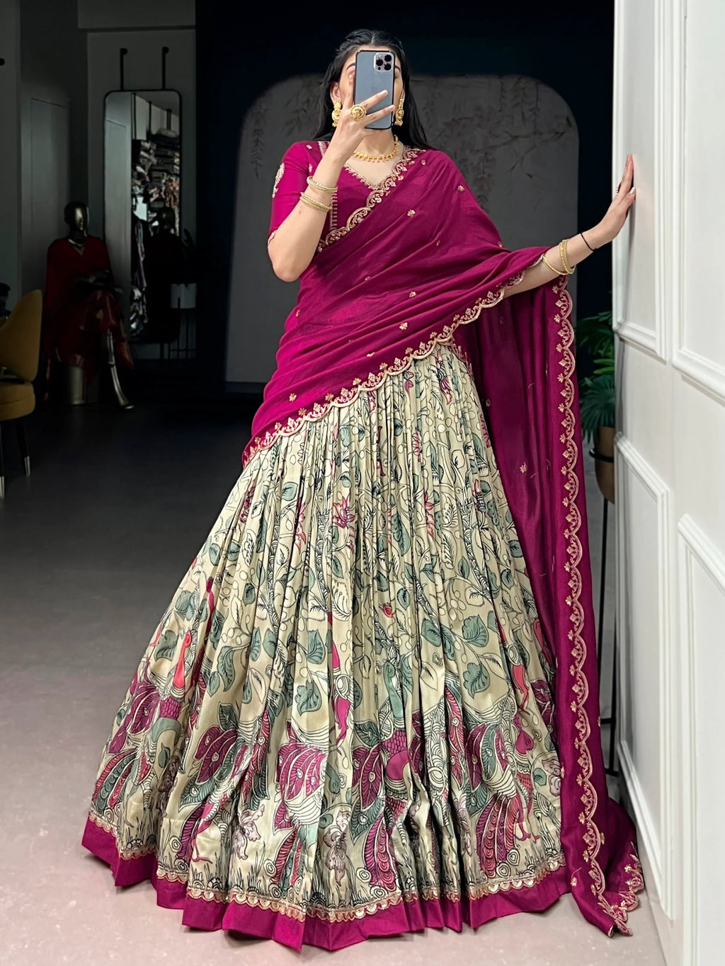 Cream Alluring Kalamkari Printed Silk Festive Wear Half Saree Lehenga