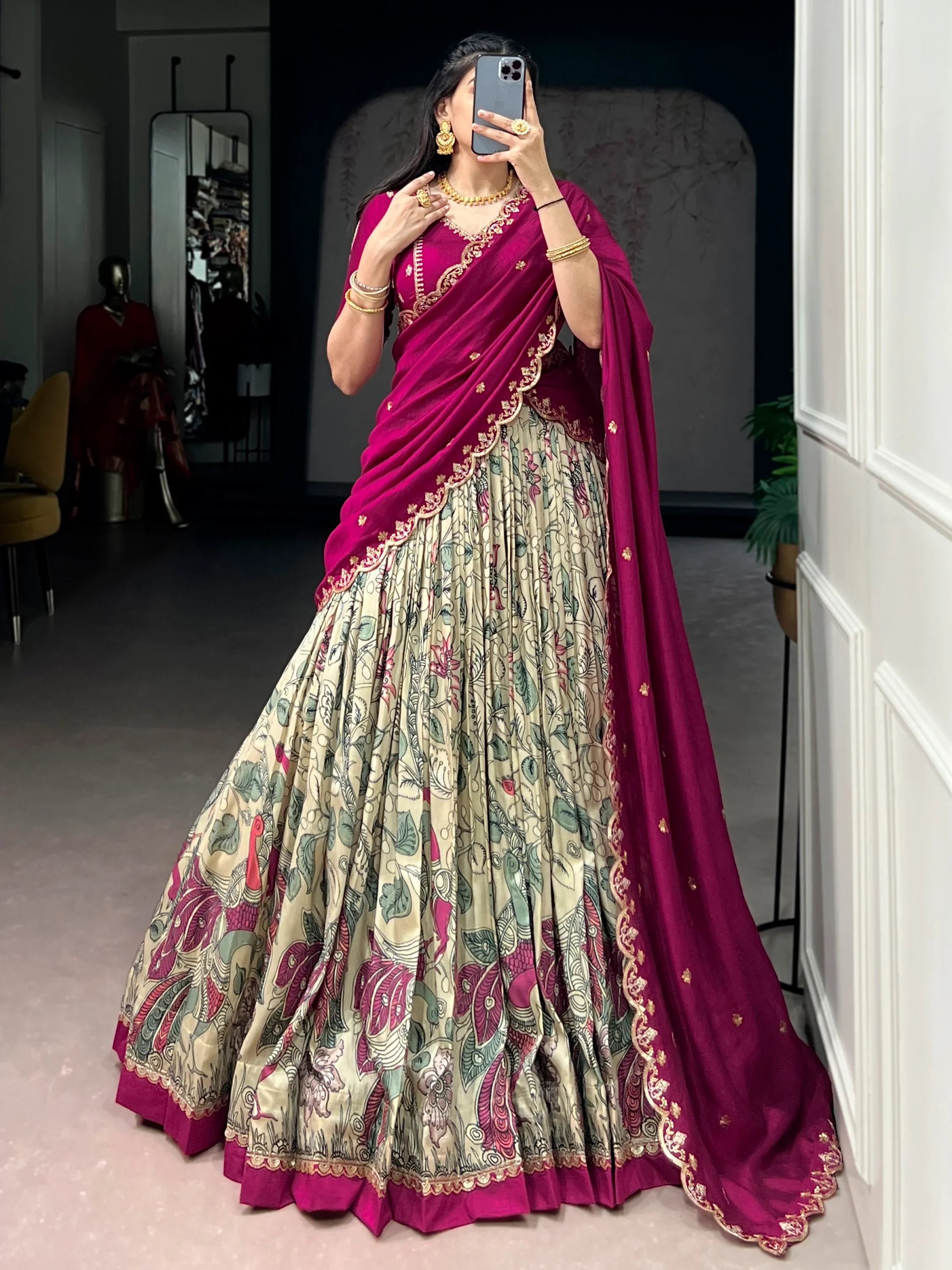 Cream Alluring Kalamkari Printed Silk Festive Wear Half Saree Lehenga