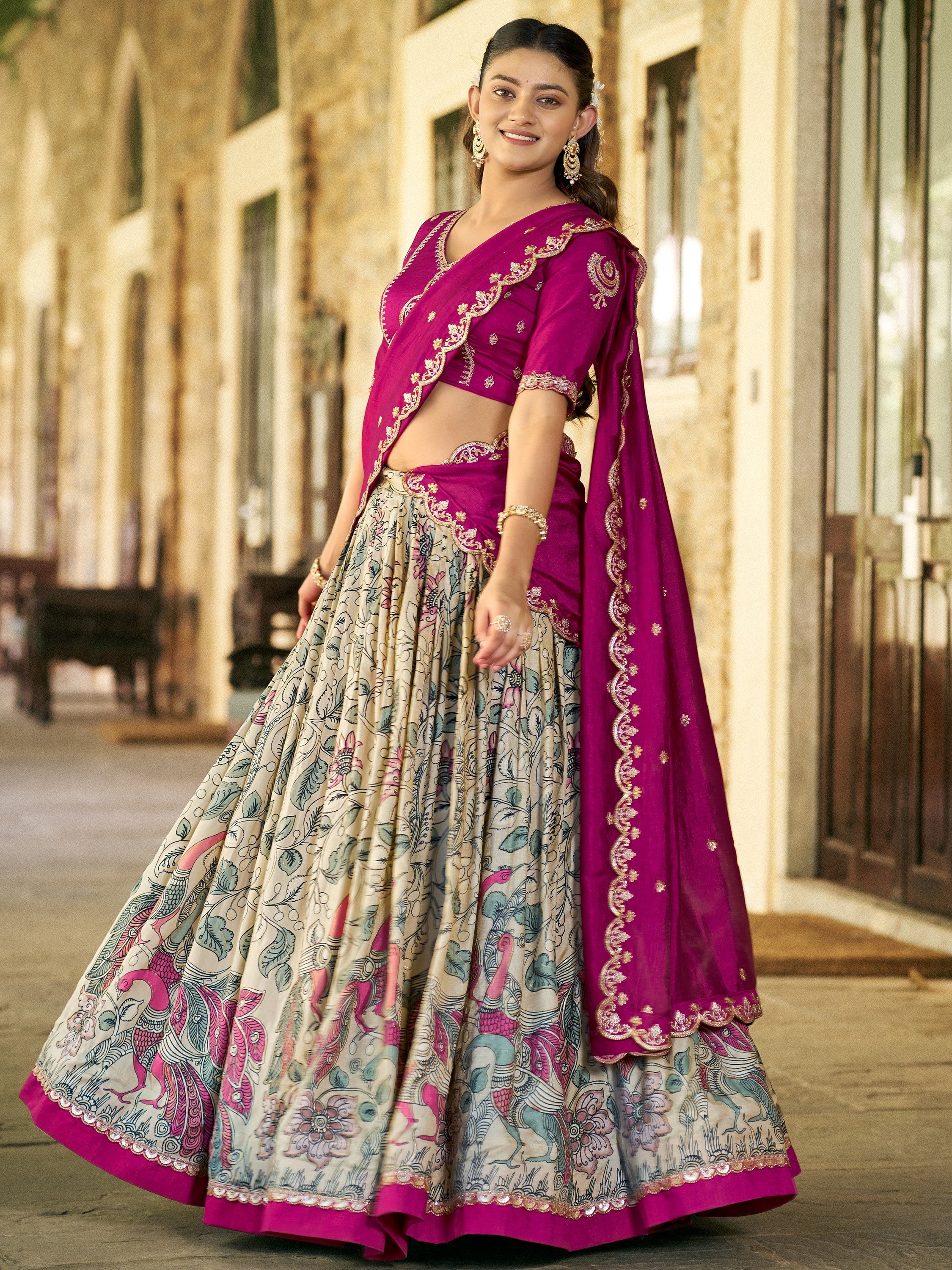 Fantastic Cream Kalamkari Print Silk Event Wear Half Saree Lehenga