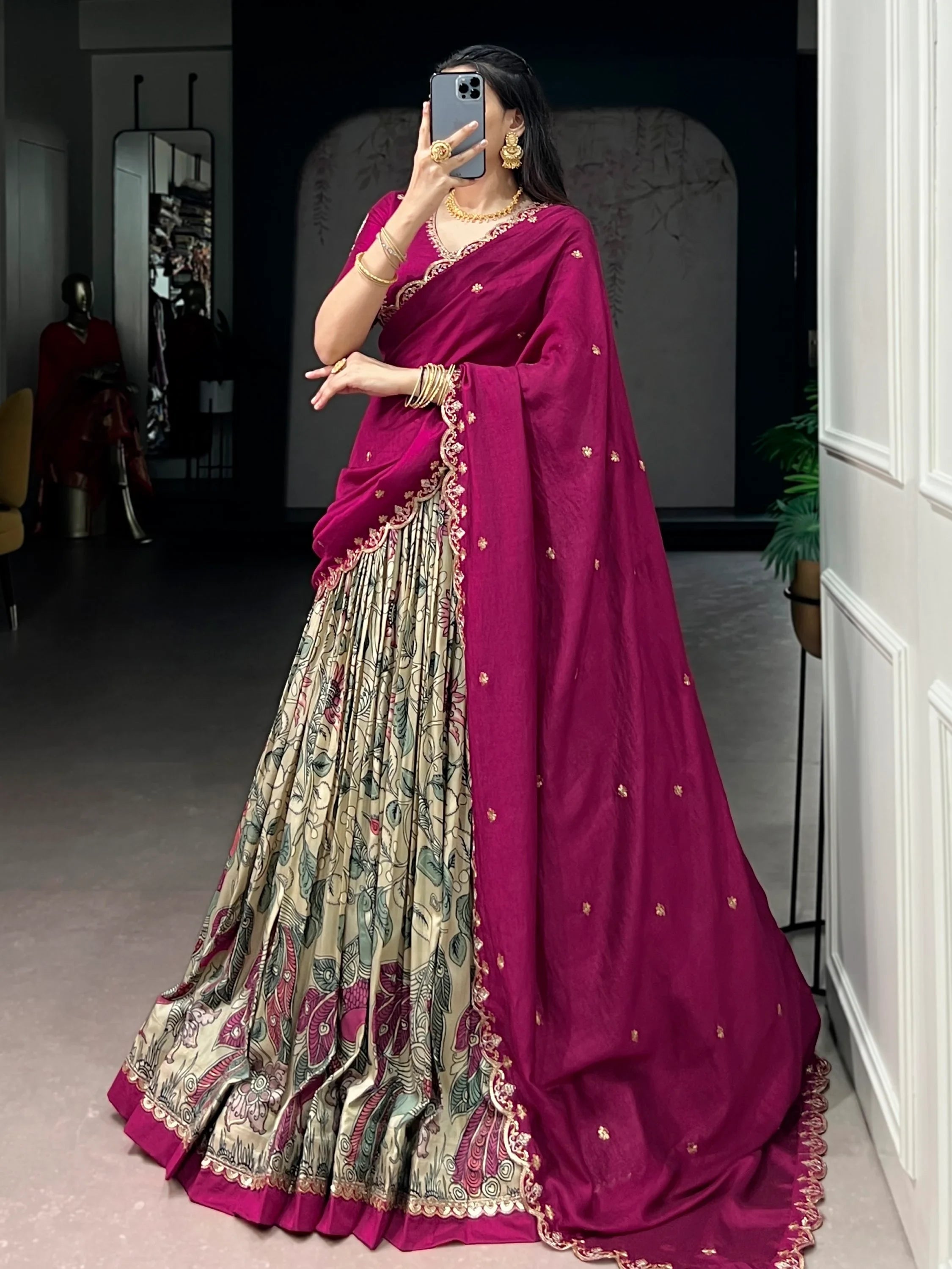 Cream Alluring Kalamkari Printed Silk Festive Wear Half Saree Lehenga