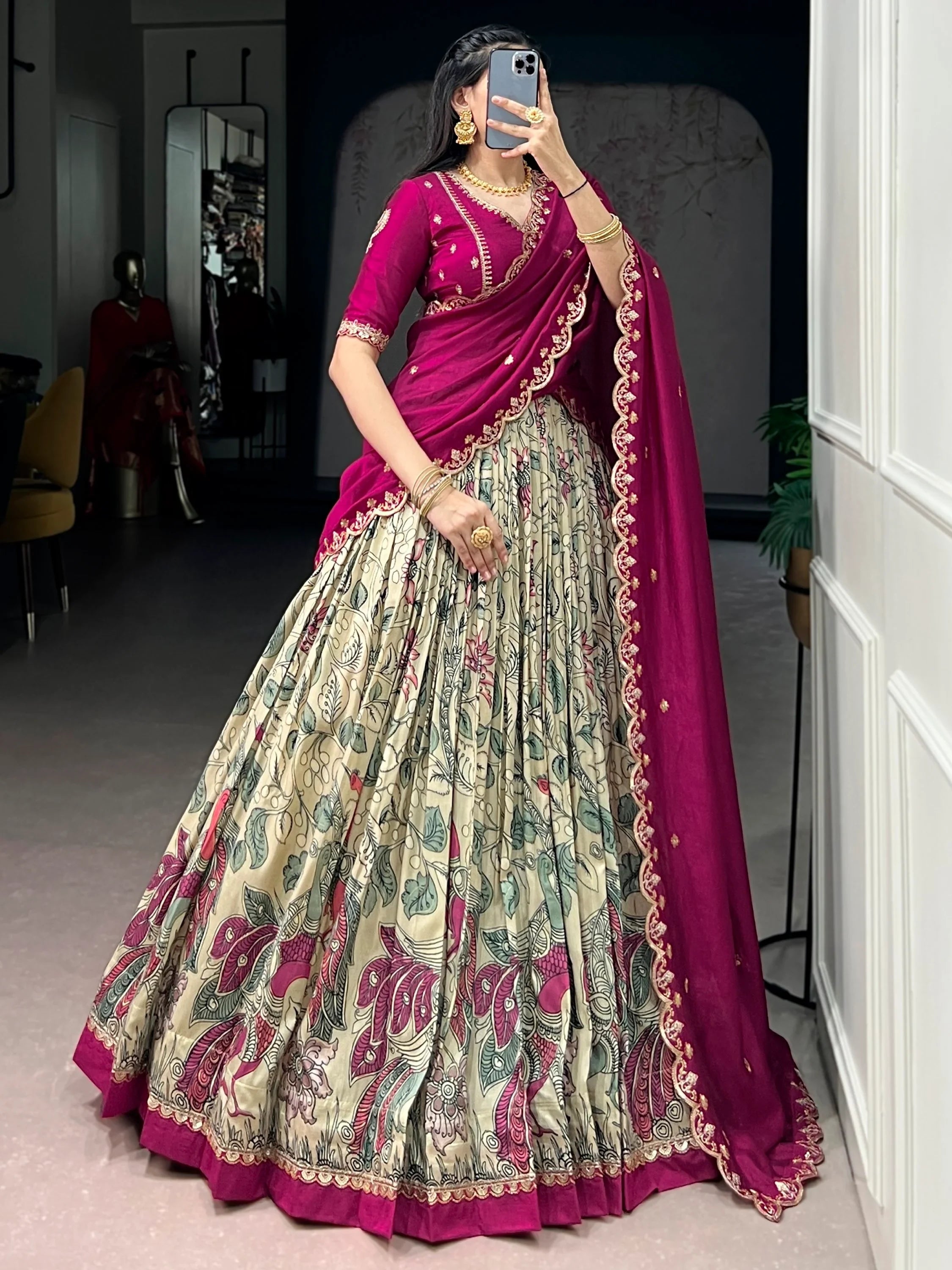 Cream Alluring Kalamkari Printed Silk Festive Wear Half Saree Lehenga