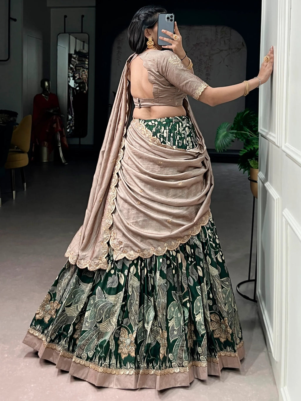 Green Alluring Kalamkari Printed Silk Festive Wear Half Saree Lehenga