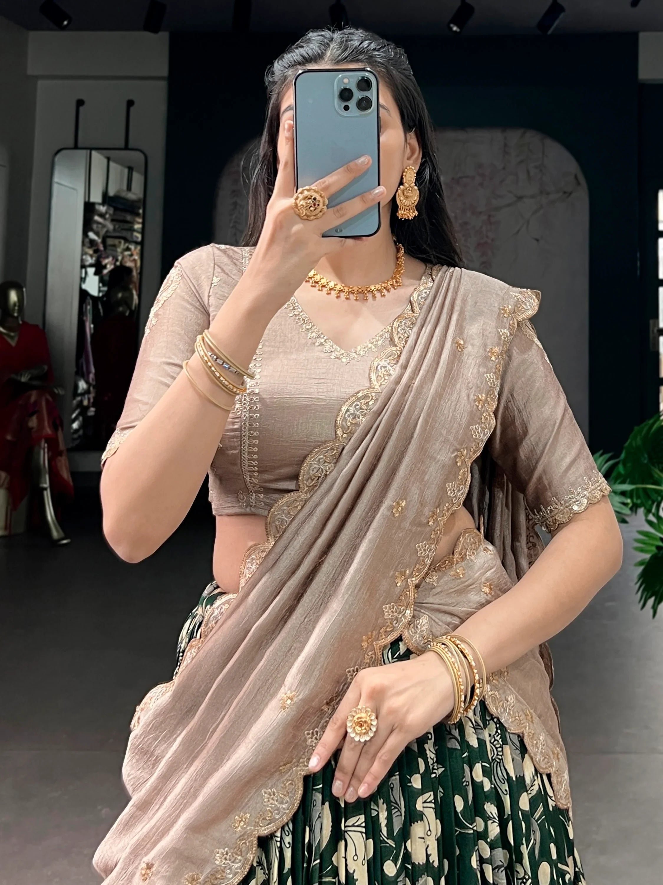 Green Alluring Kalamkari Printed Silk Festive Wear Half Saree Lehenga