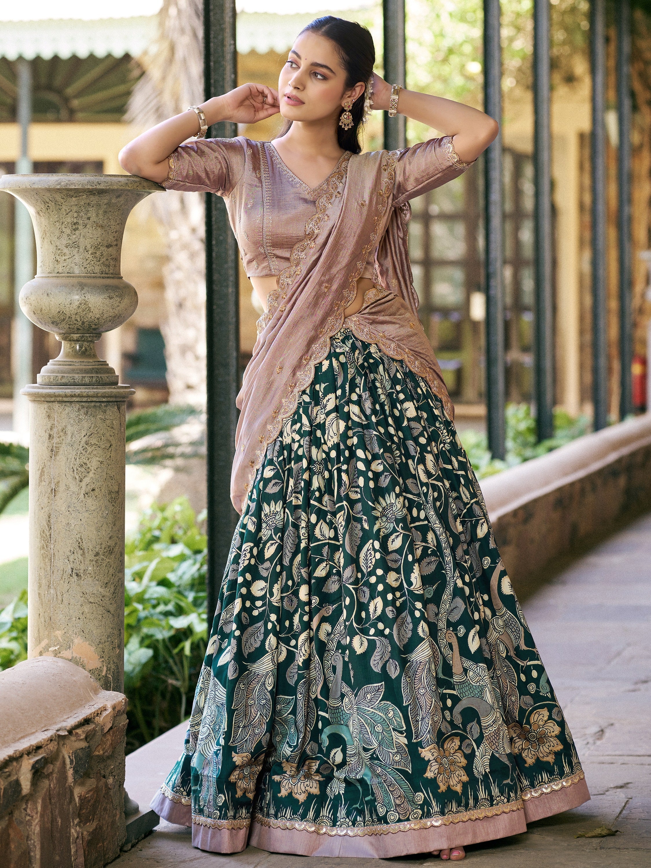 Magnetic Green Kalamkari Print Silk Traditional Half Saree Lehenga