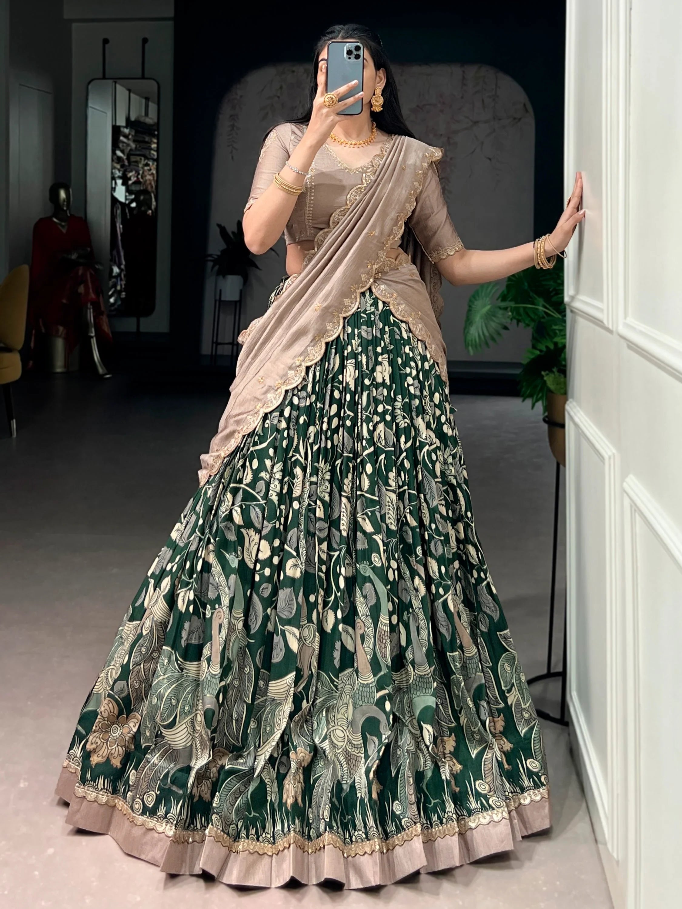 Green Alluring Kalamkari Printed Silk Festive Wear Half Saree Lehenga