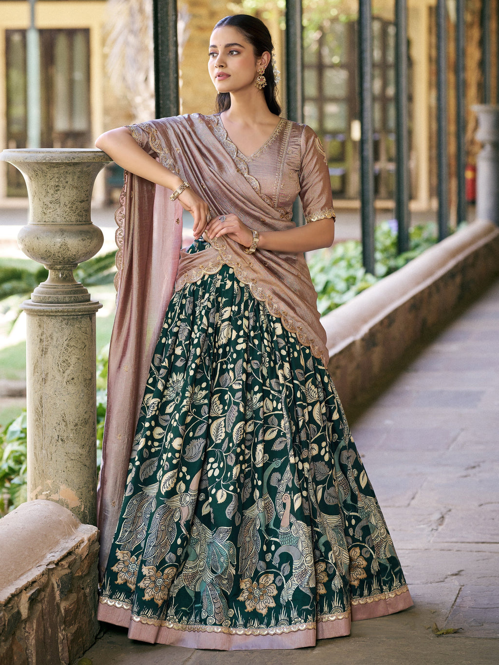 Magnetic Green Kalamkari Print Silk Traditional Half Saree Lehenga