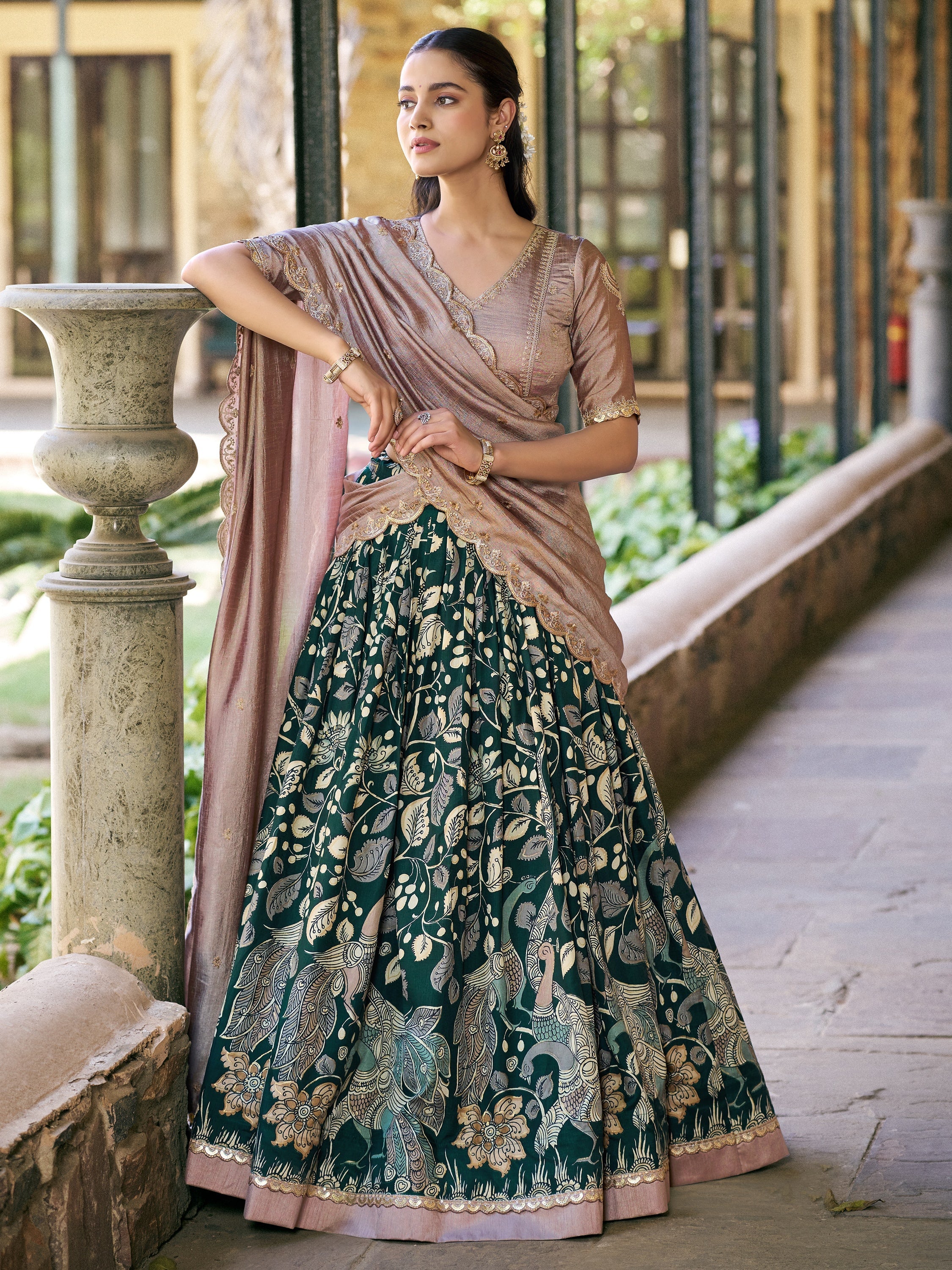 Magnetic Green Kalamkari Print Silk Traditional Half Saree Lehenga