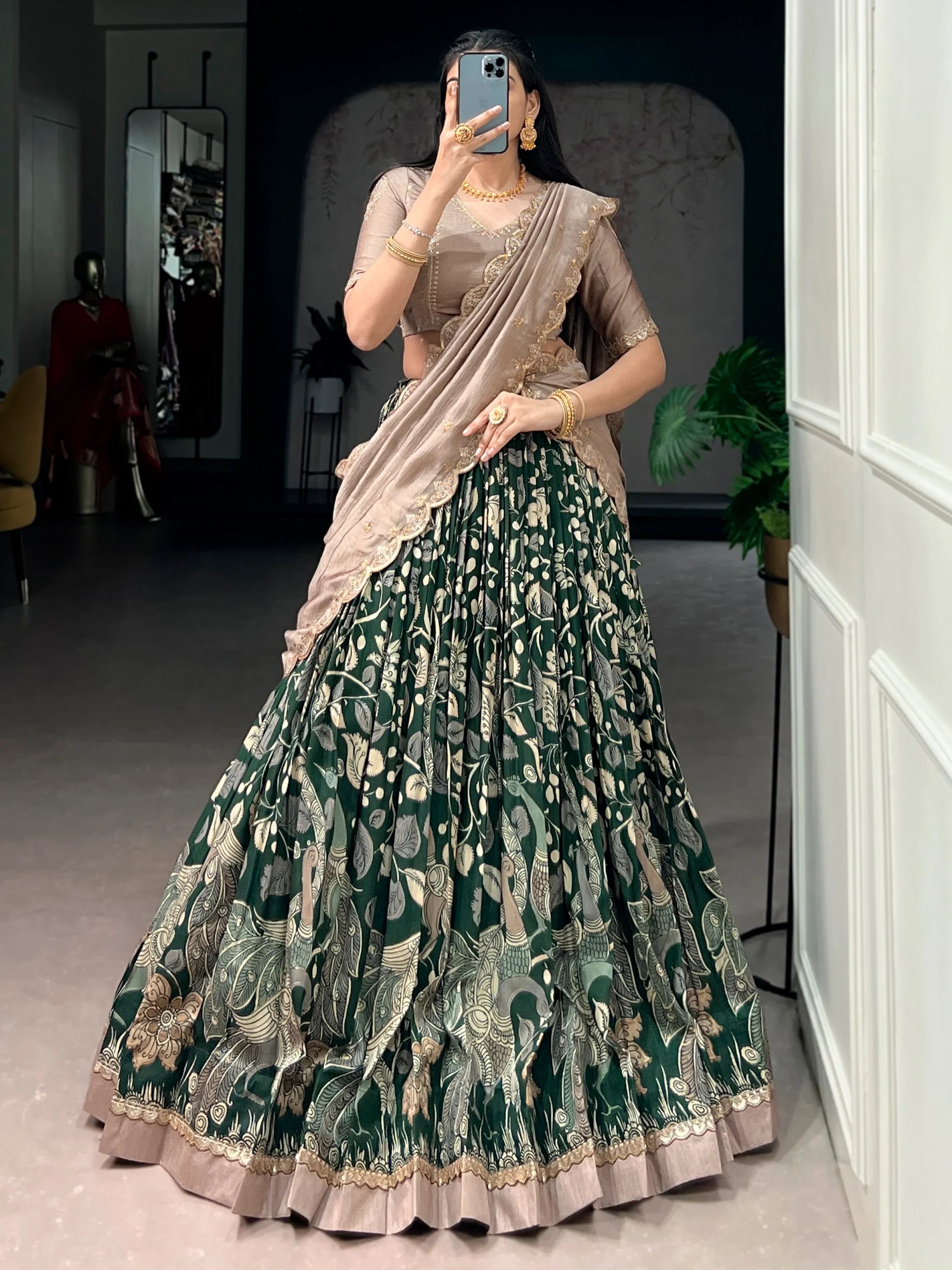 Green Alluring Kalamkari Printed Silk Festive Wear Half Saree Lehenga