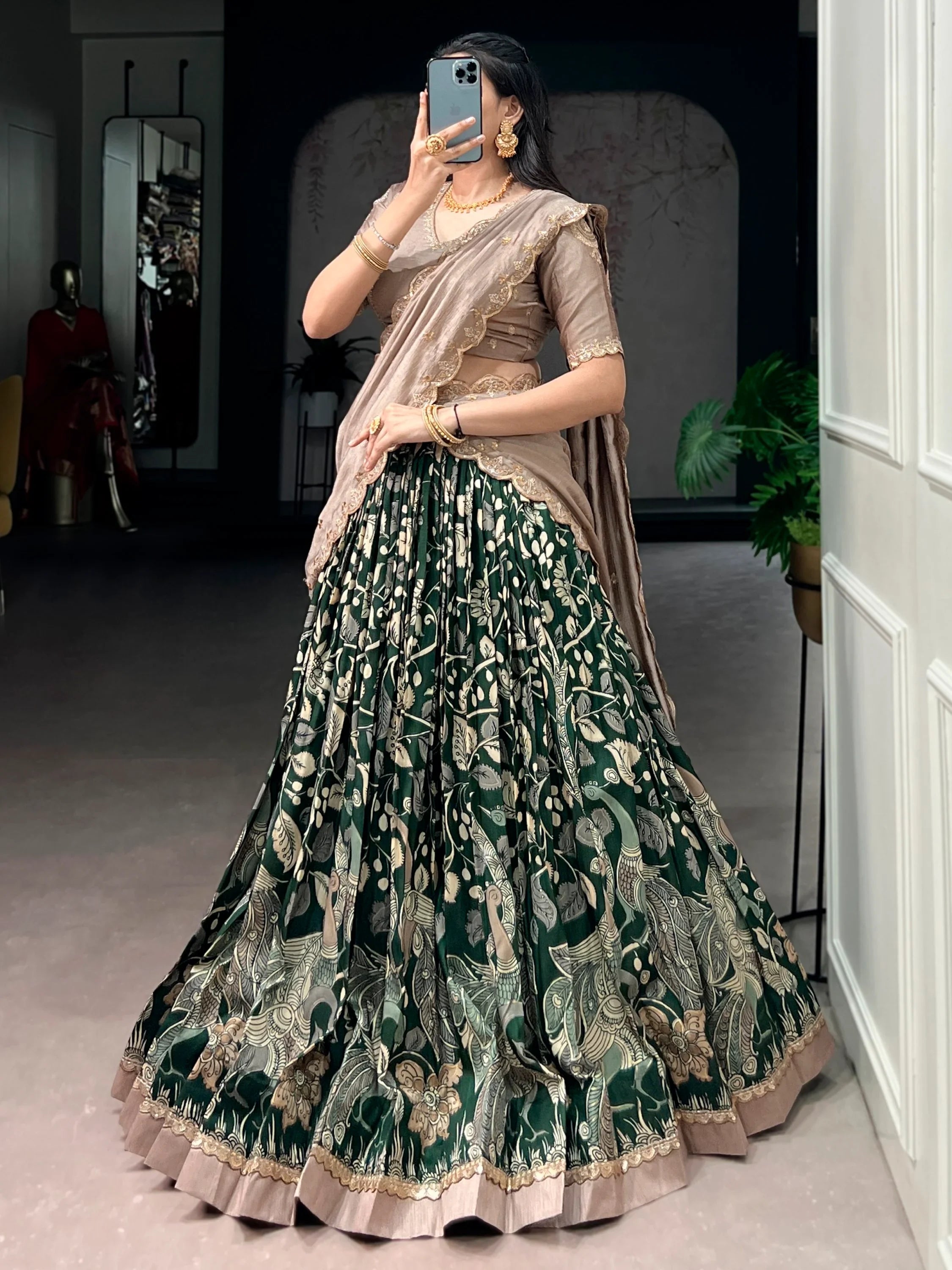 Green Alluring Kalamkari Printed Silk Festive Wear Half Saree Lehenga