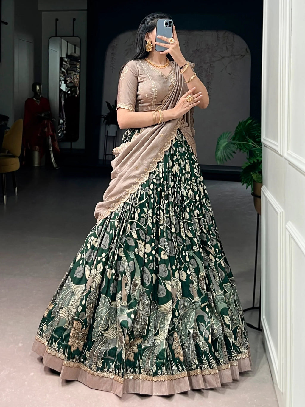 Green Alluring Kalamkari Printed Silk Festive Wear Half Saree Lehenga