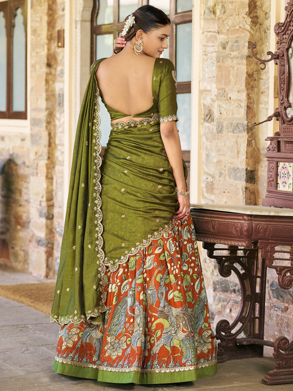 Rich Rust Orange Kalamkari Print Silk Marriage Wear Half Saree Lehenga