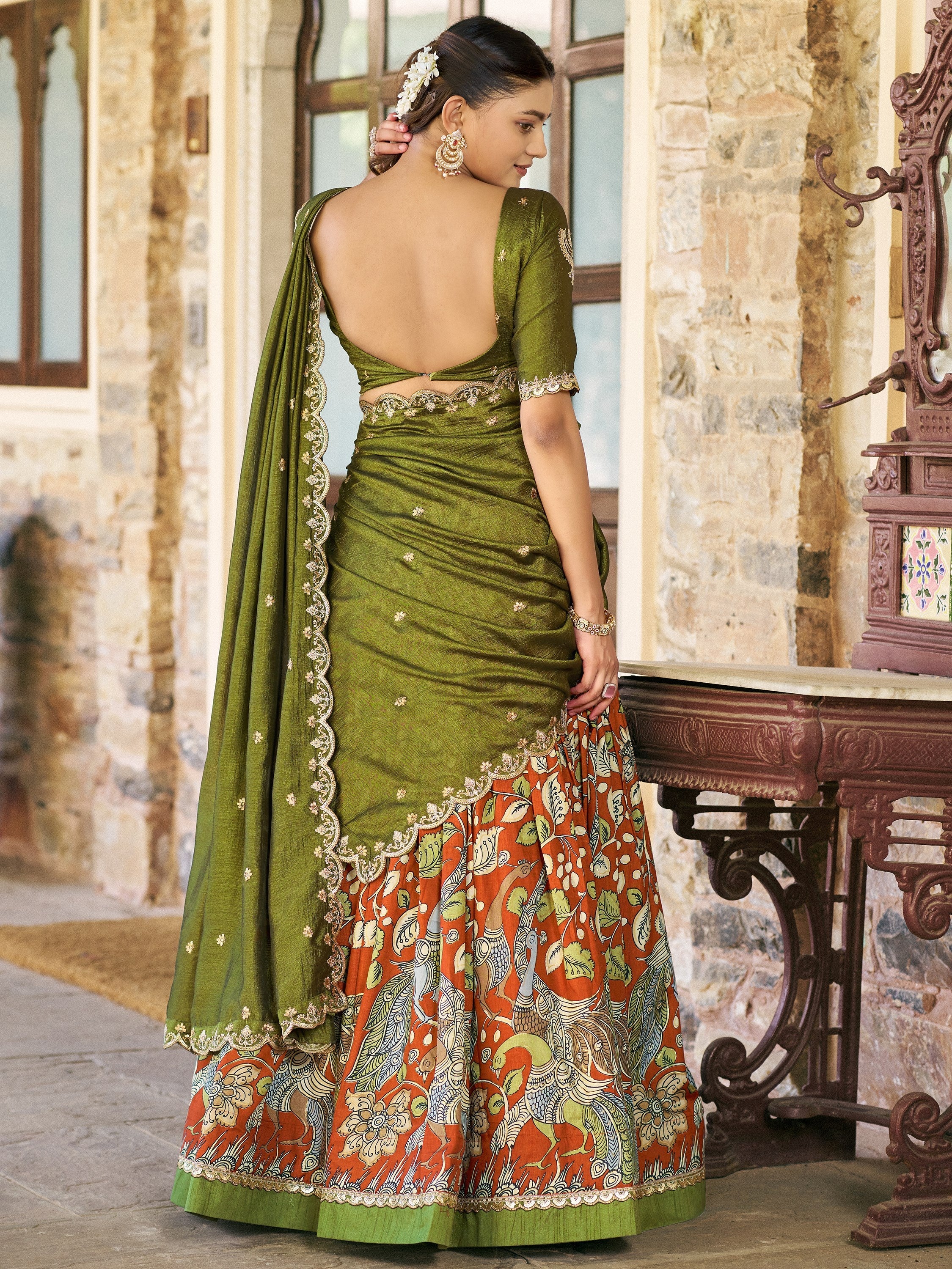 Rich Rust Orange Kalamkari Print Silk Marriage Wear Half Saree Lehenga
