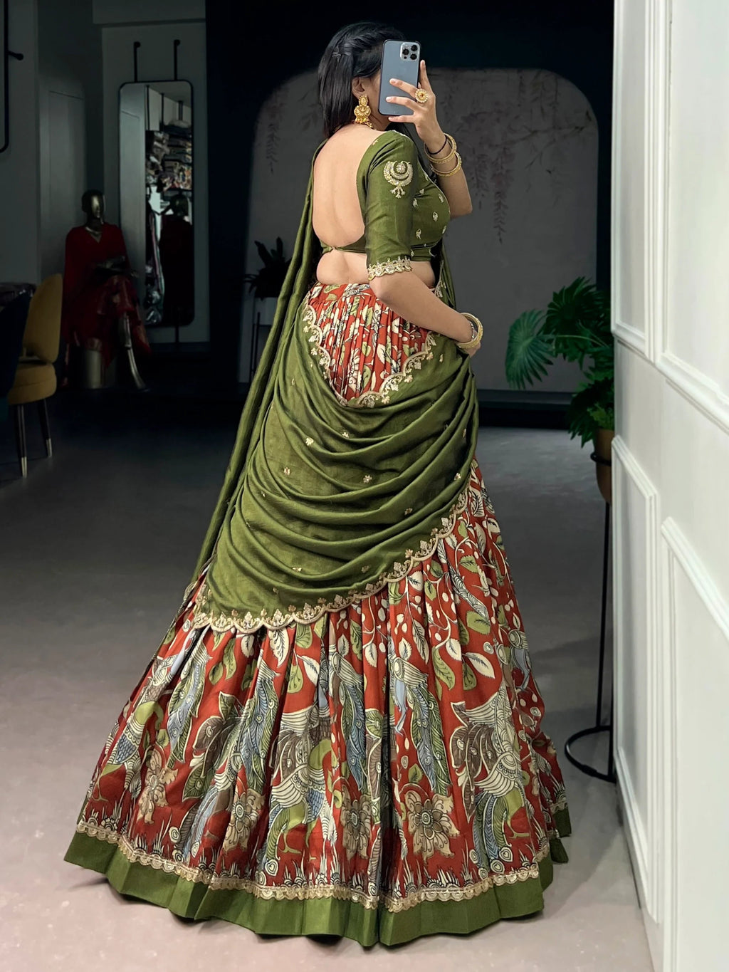 Rust Alluring Kalamkari Printed Silk Festive Wear Half Saree Lehenga