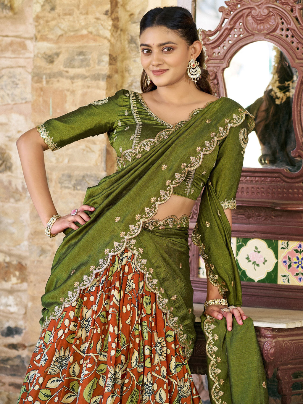 Rich Rust Orange Kalamkari Print Silk Marriage Wear Half Saree Lehenga
