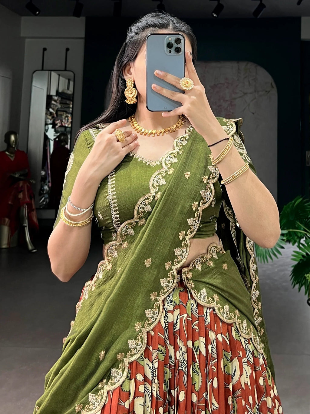 Rust Alluring Kalamkari Printed Silk Festive Wear Half Saree Lehenga