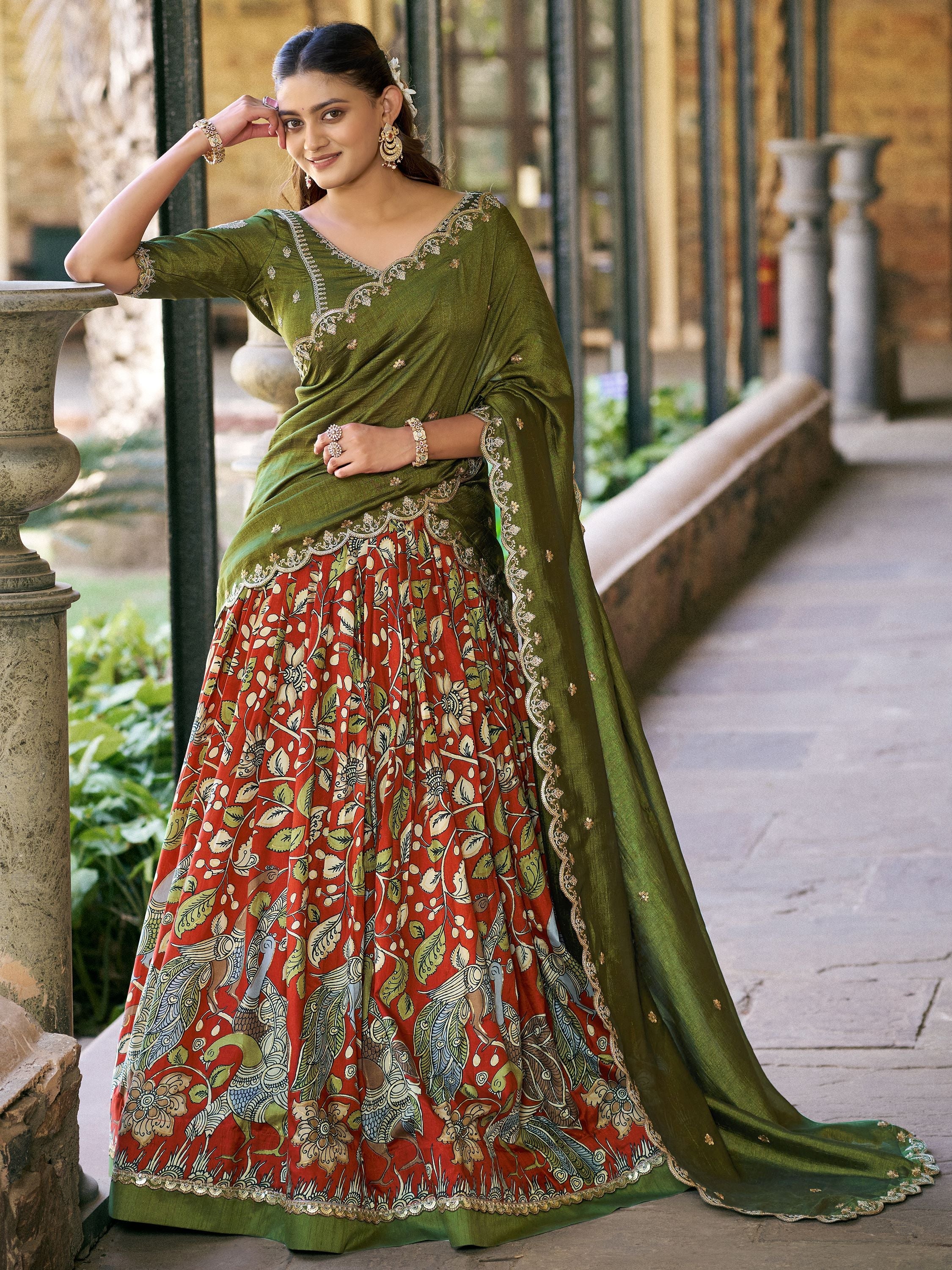 Rich Rust Orange Kalamkari Print Silk Marriage Wear Half Saree Lehenga