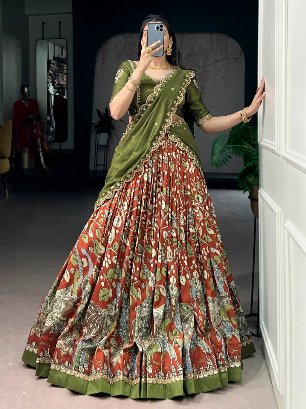 Rust Alluring Kalamkari Printed Silk Festive Wear Half Saree Lehenga