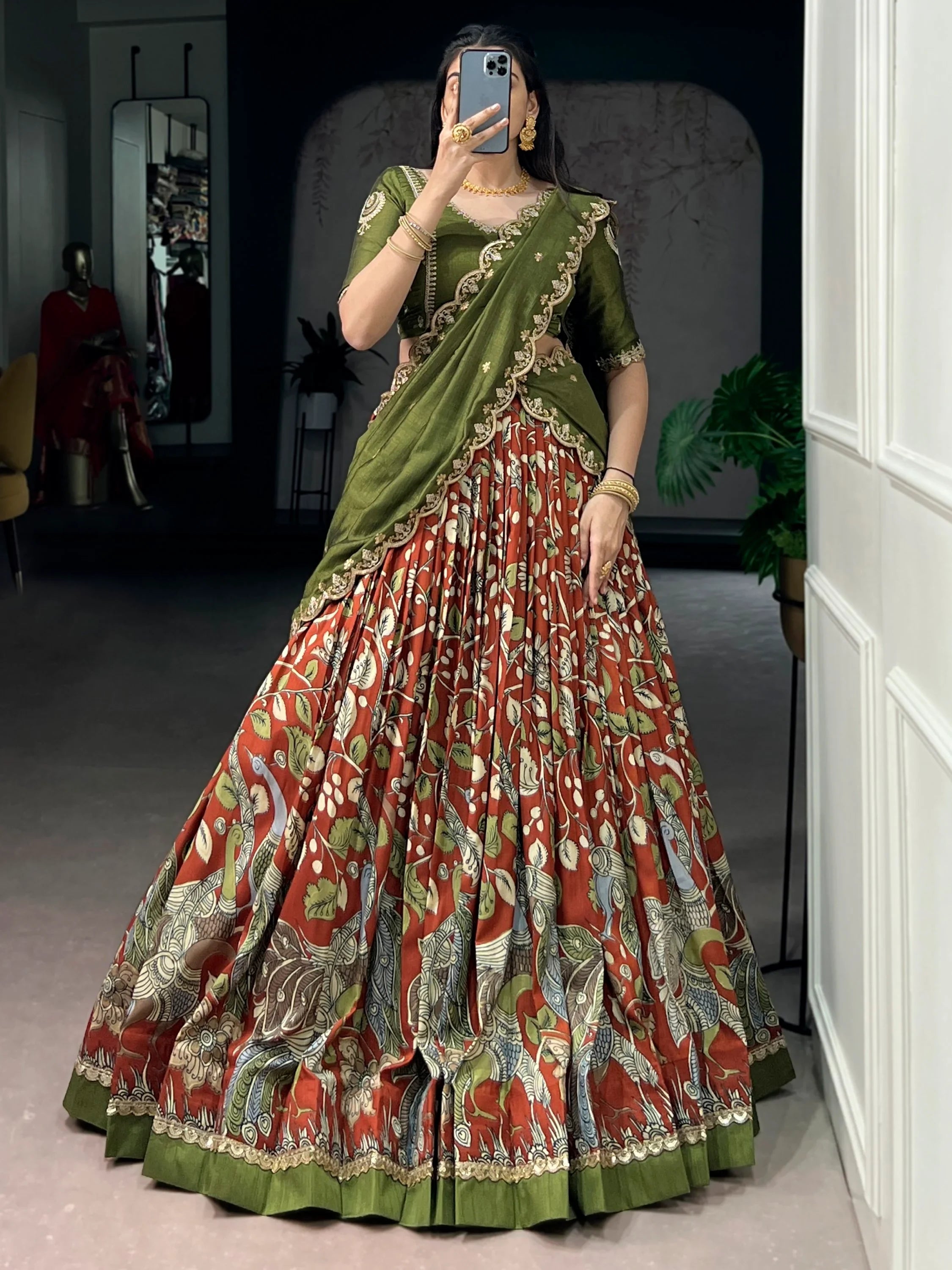 Rust Alluring Kalamkari Printed Silk Festive Wear Half Saree Lehenga