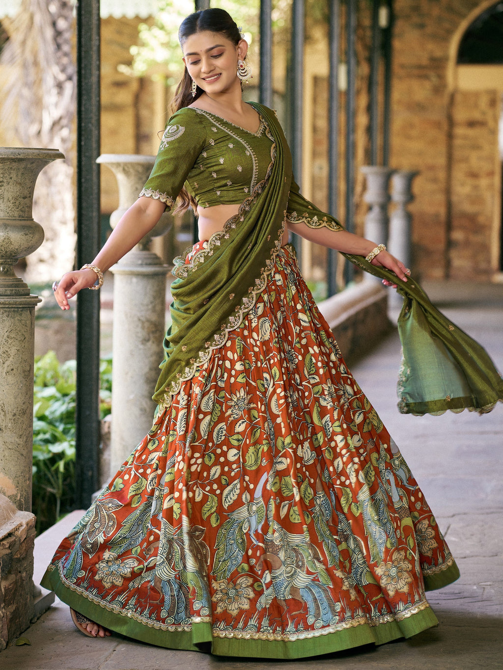 Rich Rust Orange Kalamkari Print Silk Marriage Wear Half Saree Lehenga