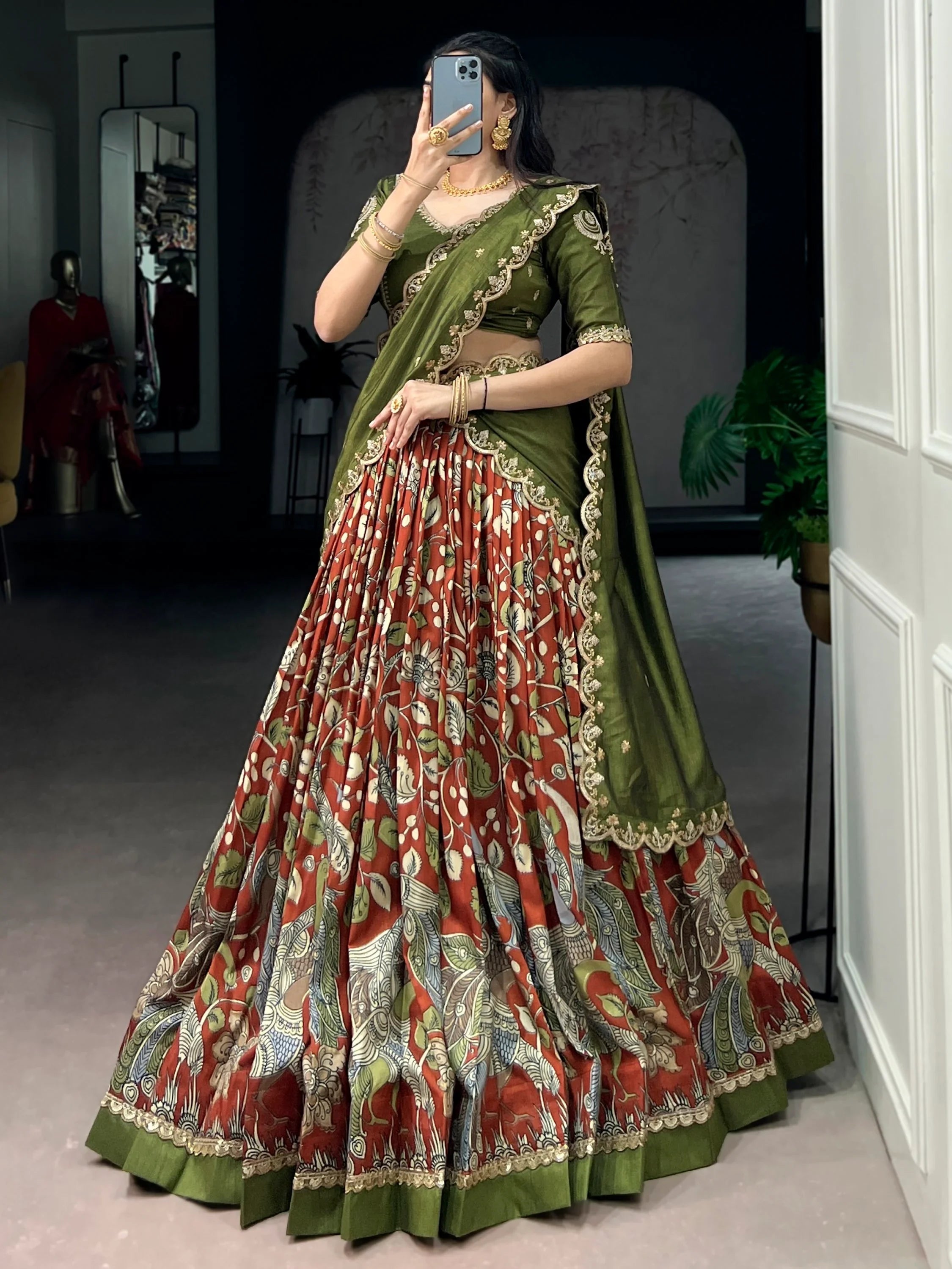 Rust Alluring Kalamkari Printed Silk Festive Wear Half Saree Lehenga