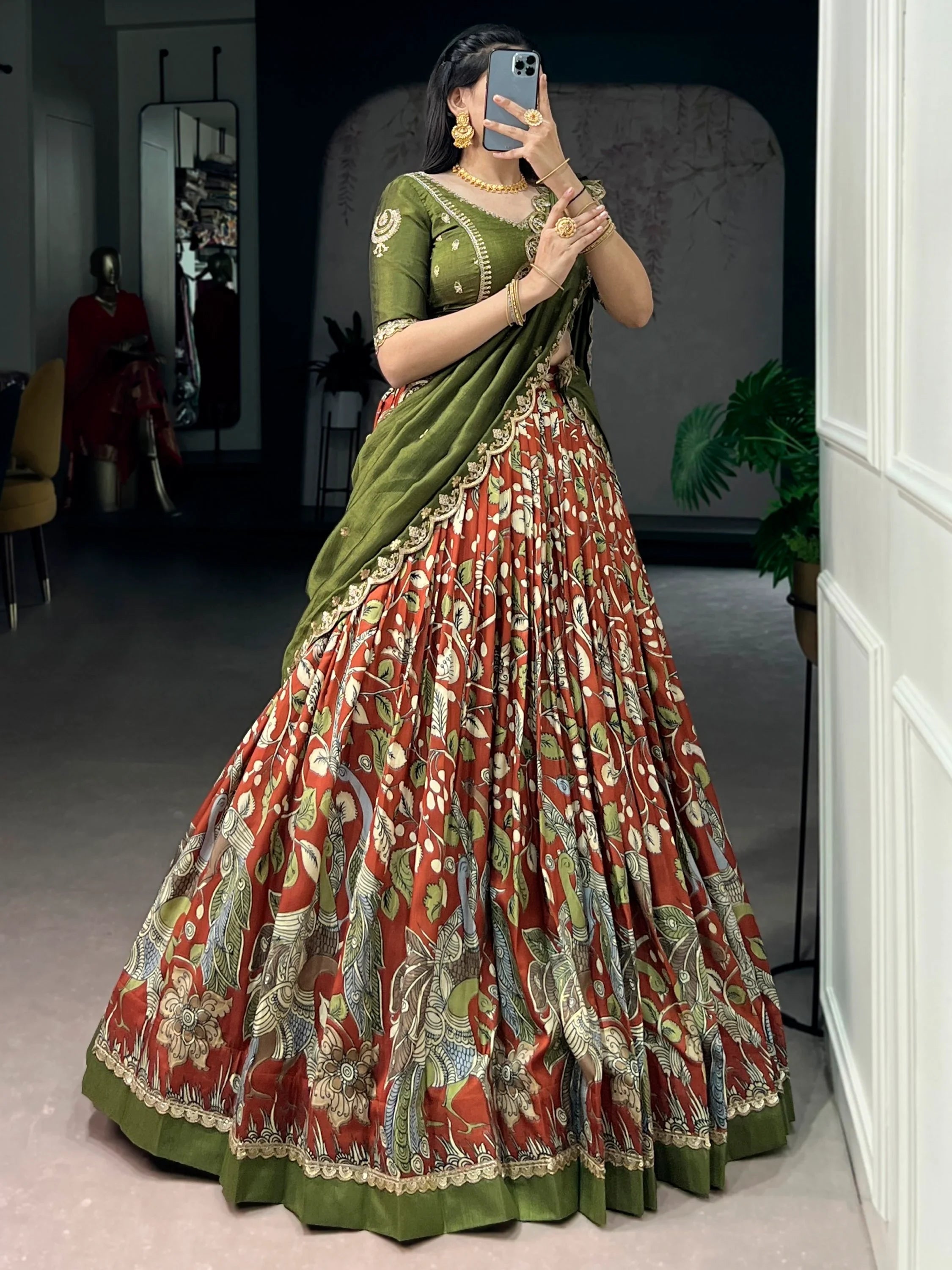 Rust Alluring Kalamkari Printed Silk Festive Wear Half Saree Lehenga