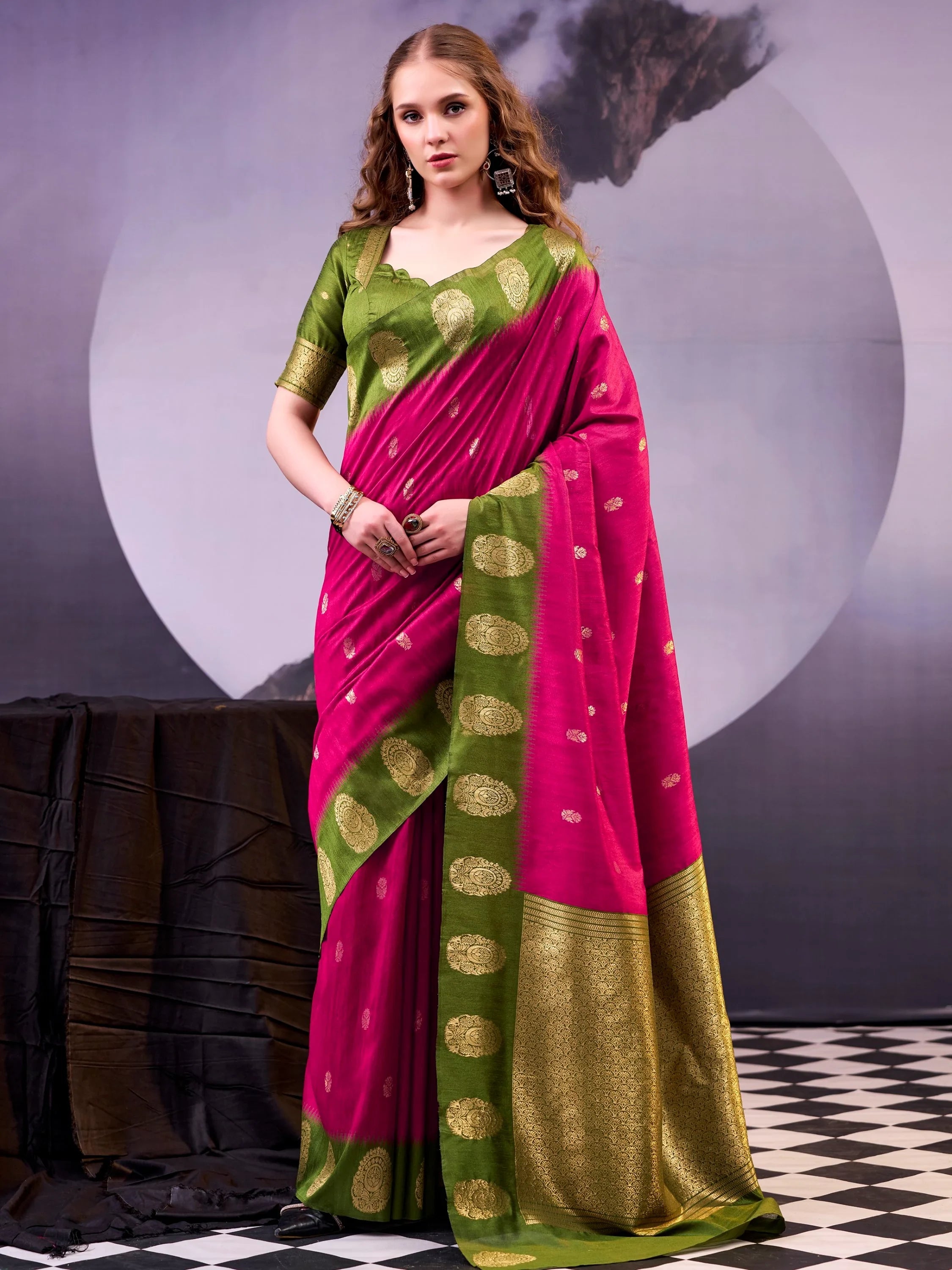Pink Awesome Zari Weaving Cotton Marriage Wear Saree With Blouse