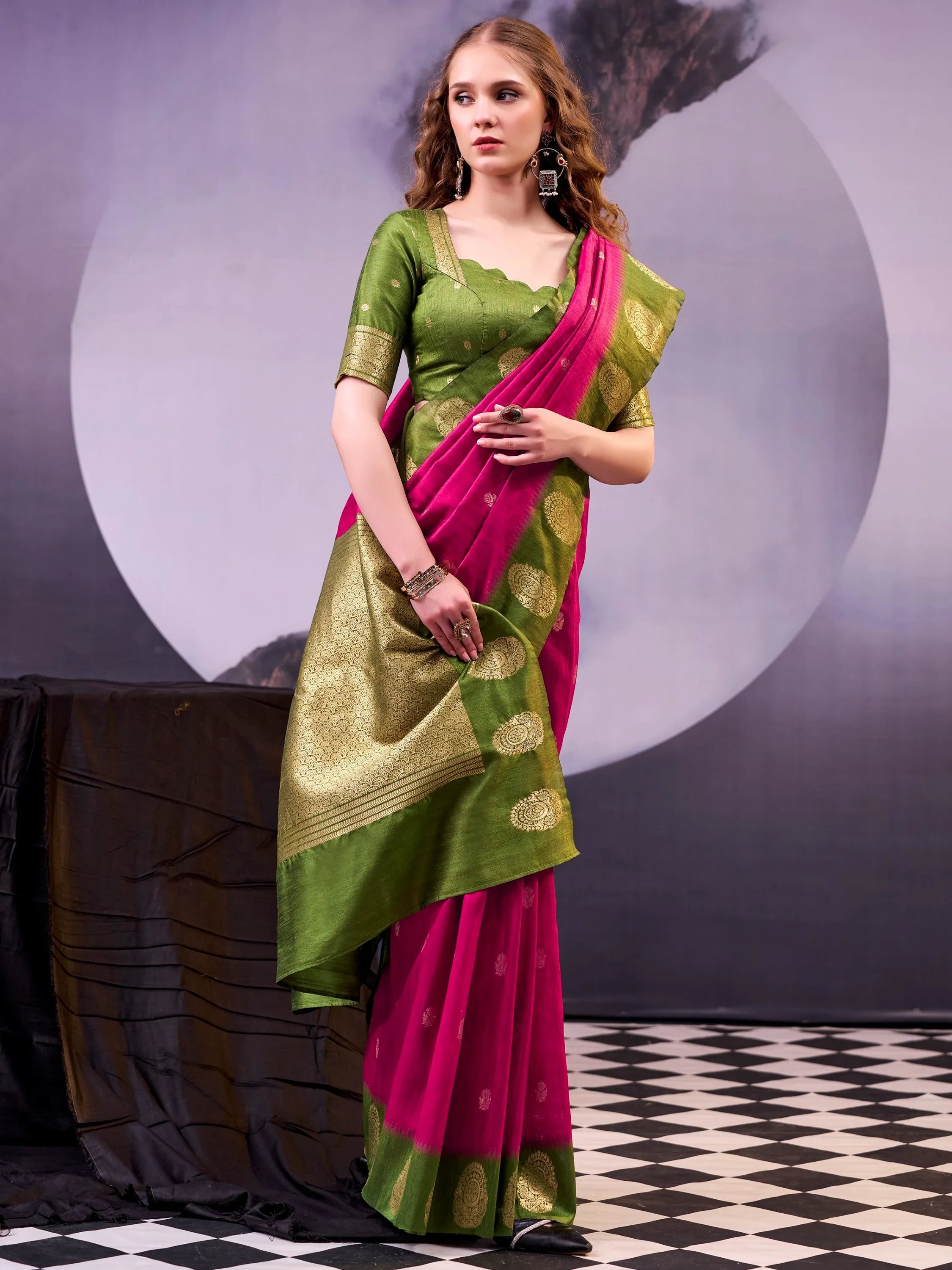 Pink Awesome Zari Weaving Cotton Marriage Wear Saree With Blouse