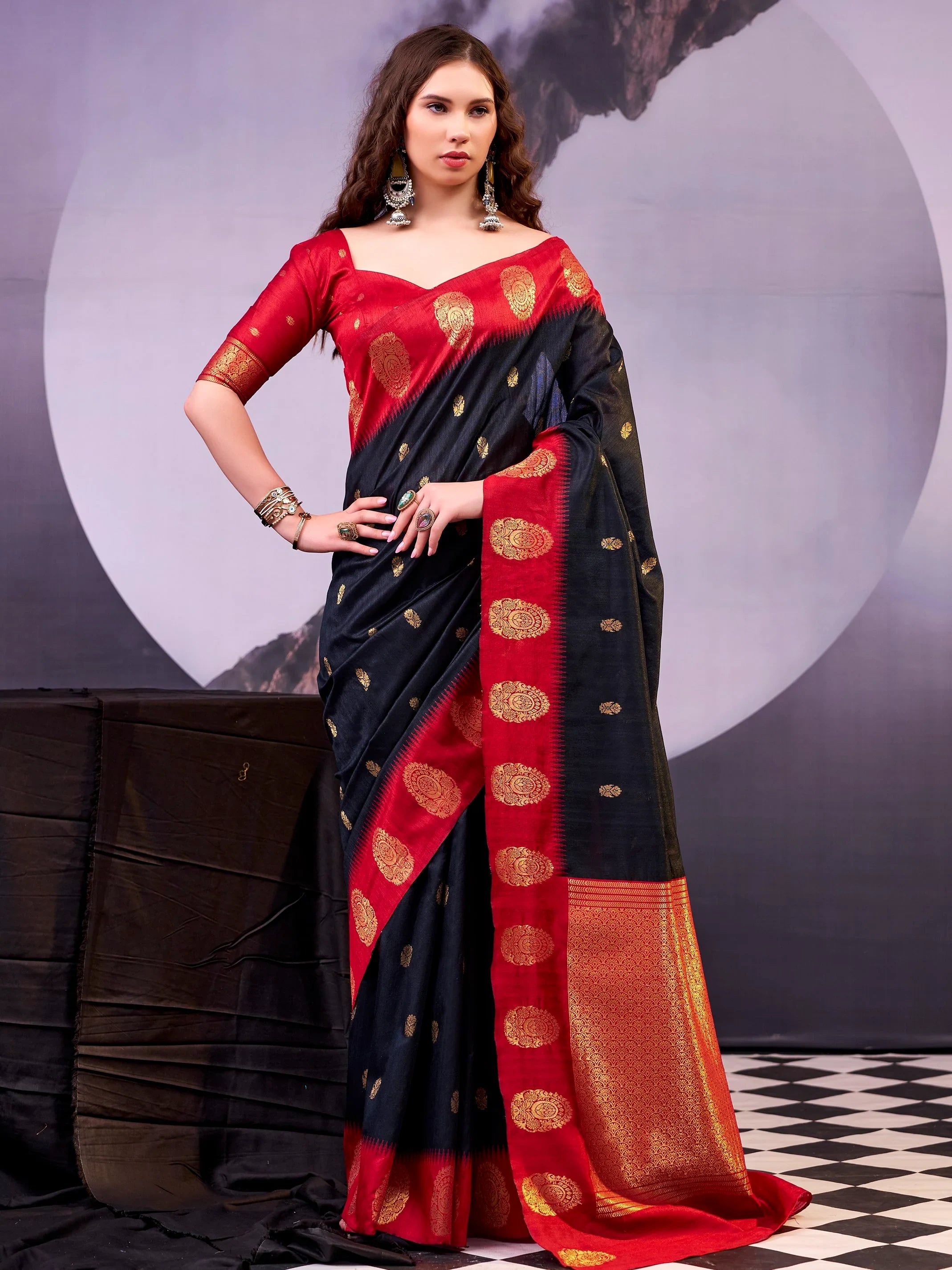 Black Awesome Zari Weaving Cotton Marriage Wear Saree With Blouse