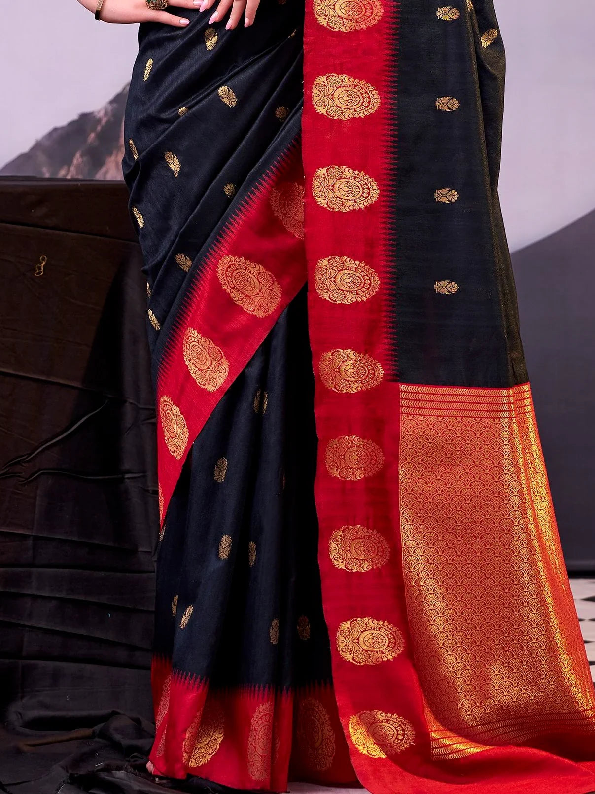 Black Awesome Zari Weaving Cotton Marriage Wear Saree With Blouse