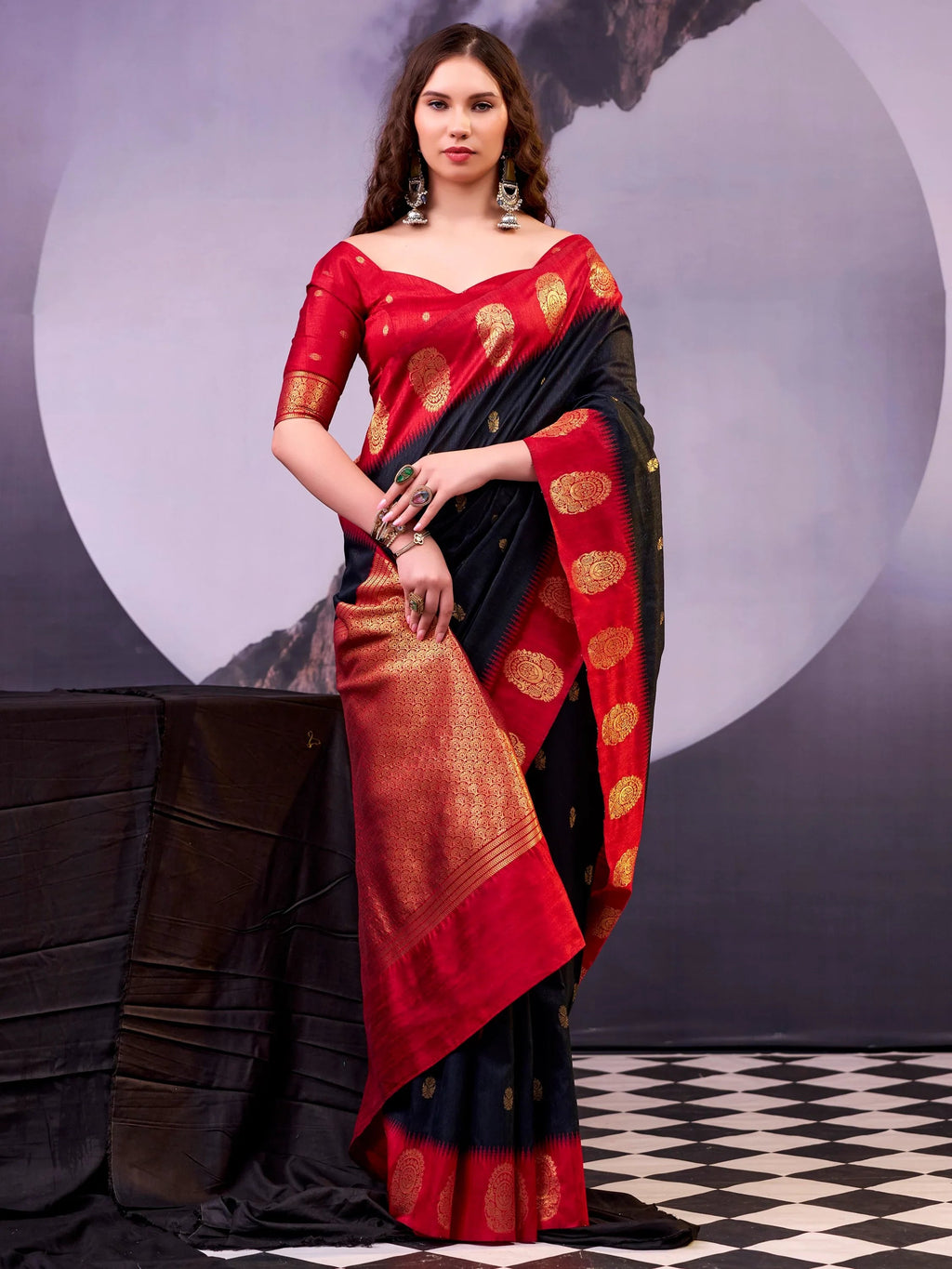 Black Awesome Zari Weaving Cotton Marriage Wear Saree With Blouse