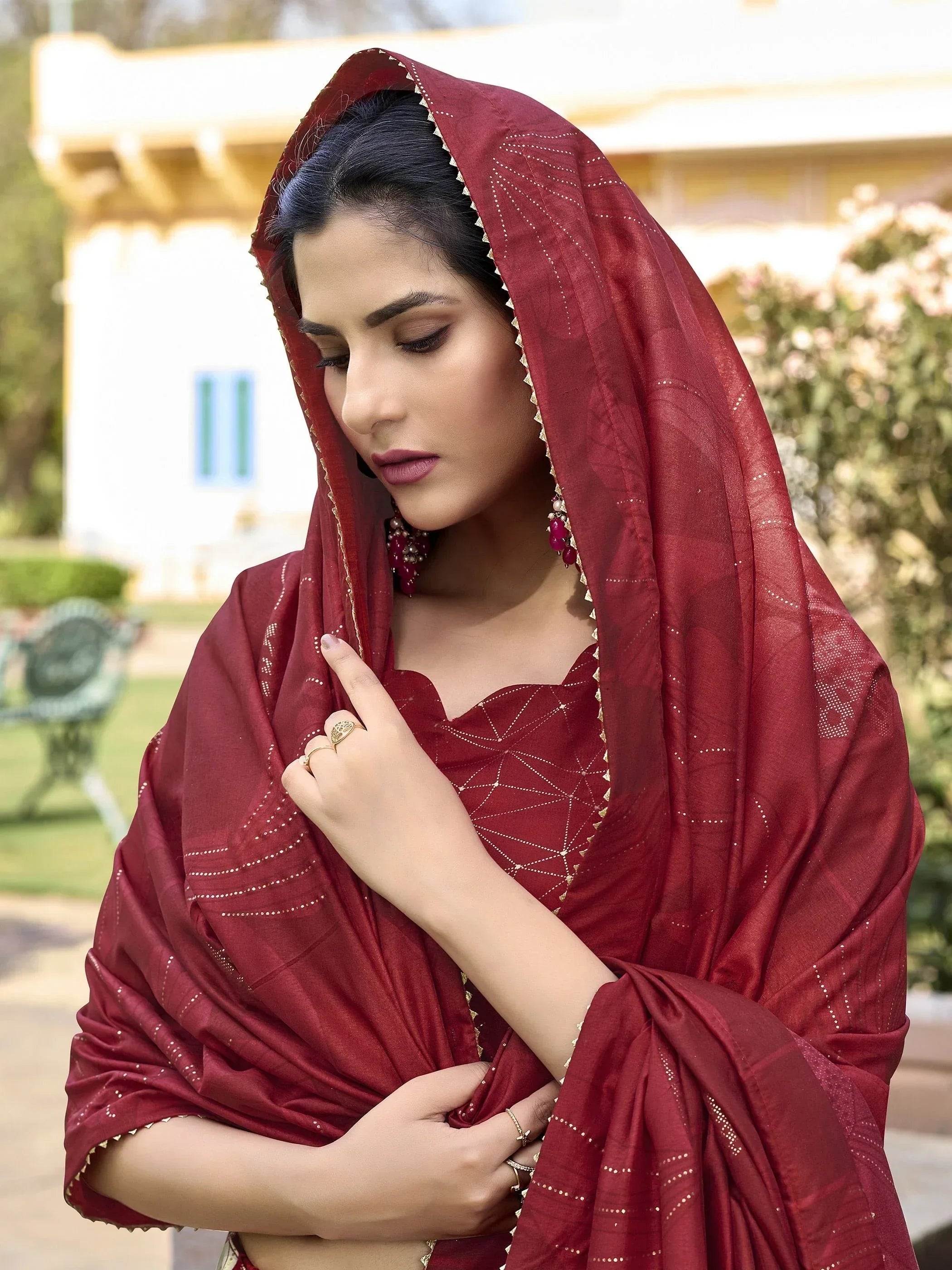 Bewitching Red Floral Printed Tussar Silk Lehenga Choli With Dupatta