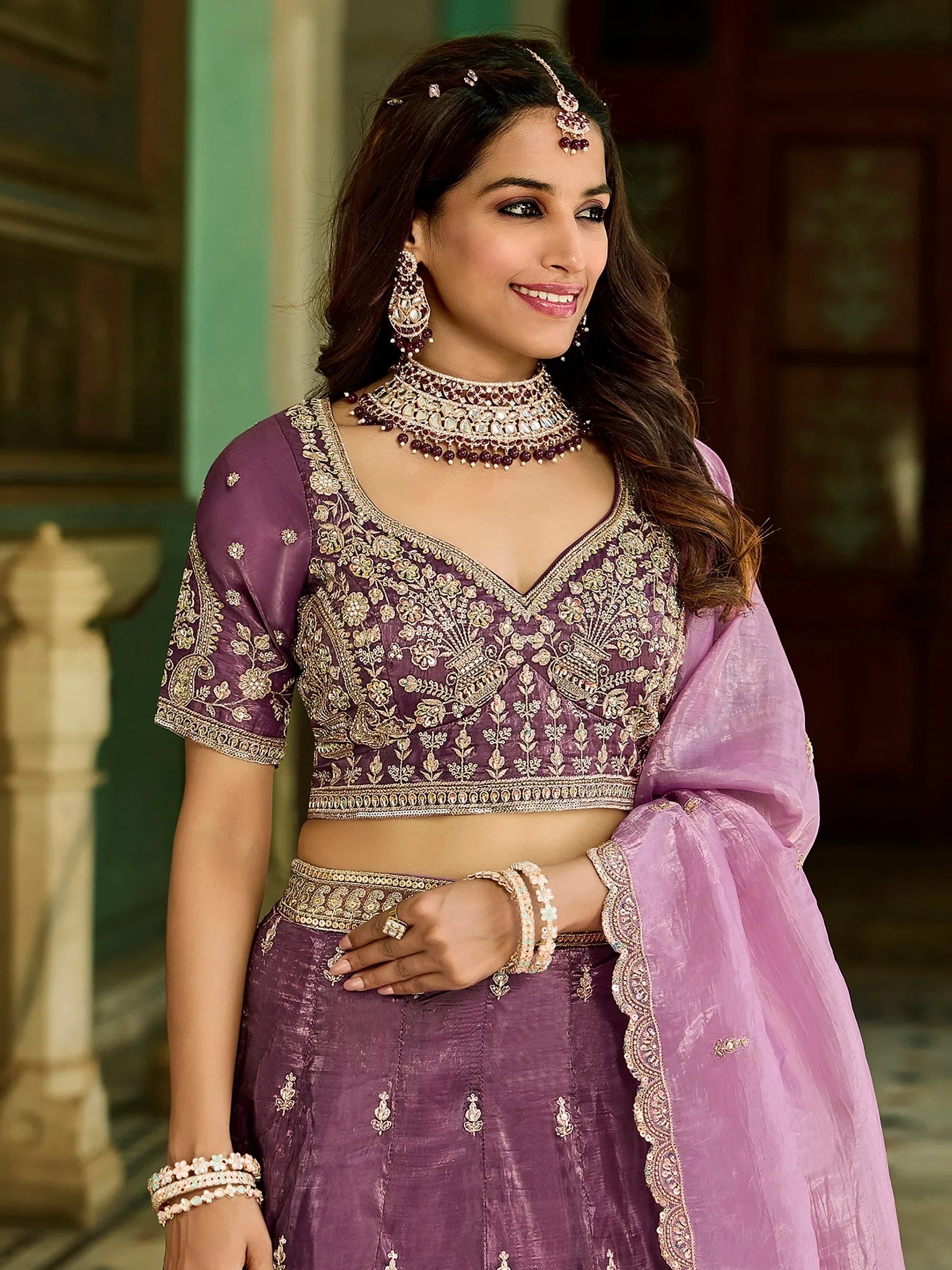 Awesome Wine Embroidered Crush Wedding Wear Lehenga Choli