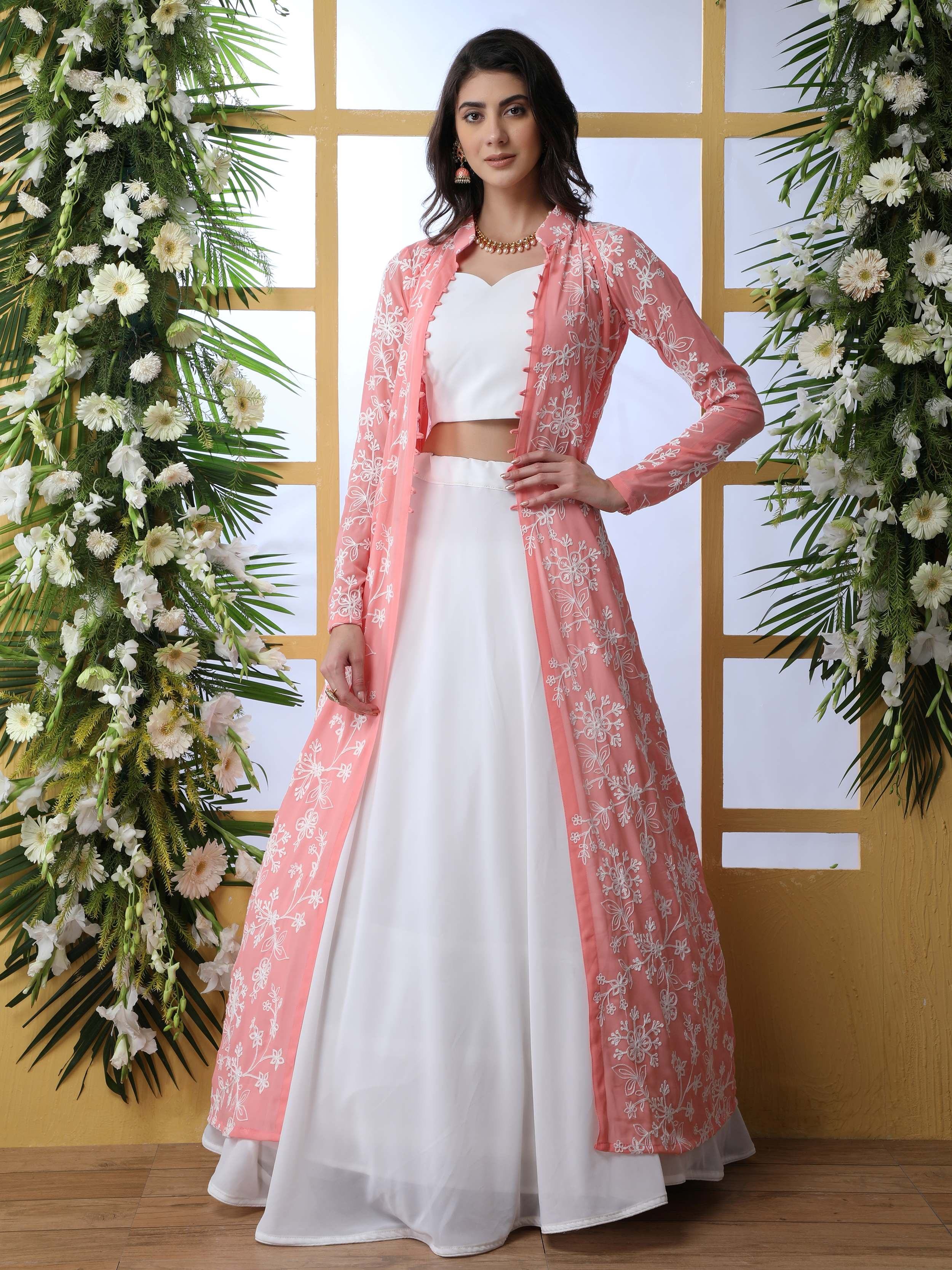 Artistic White Georgette Event Wear Crop Top Lehenga With Shrug