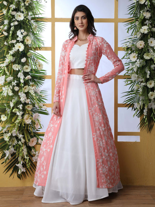 Artistic White Georgette Event Wear Crop Top Lehenga With Shrug