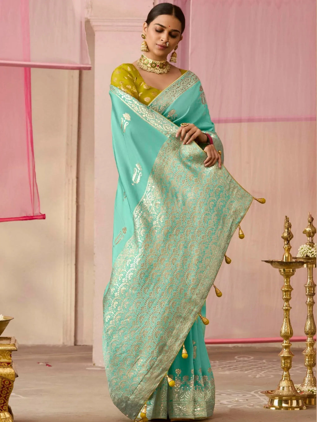 Majestic Sea Green Zari Weaving Silk Wedding Wear Saree With Blouse