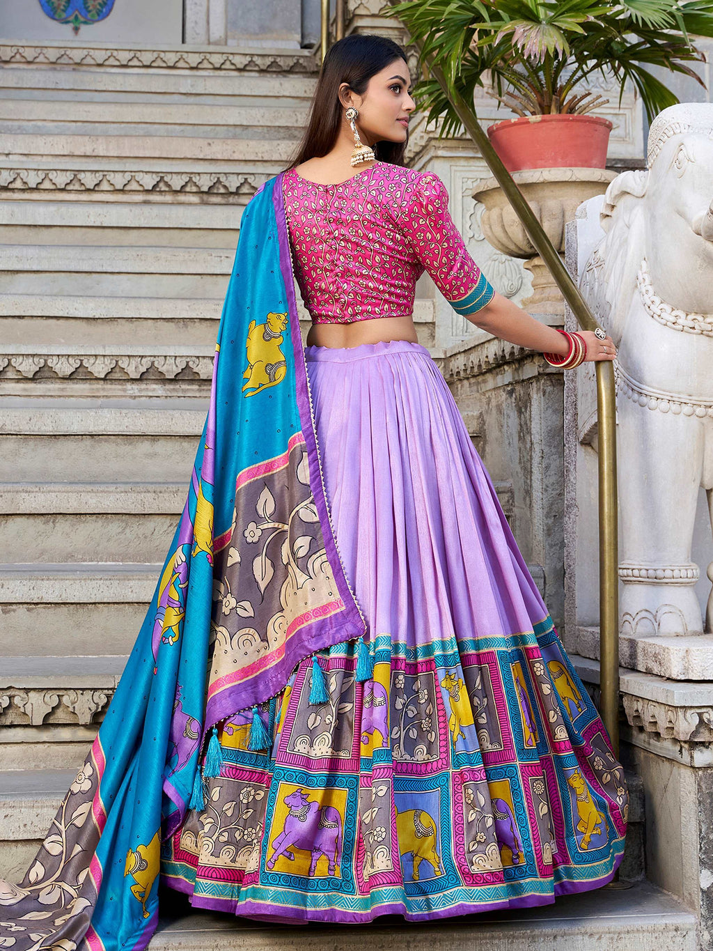 Lavender Stunning Kalamkari Printed Silk Festival Wear Lehenga Choli